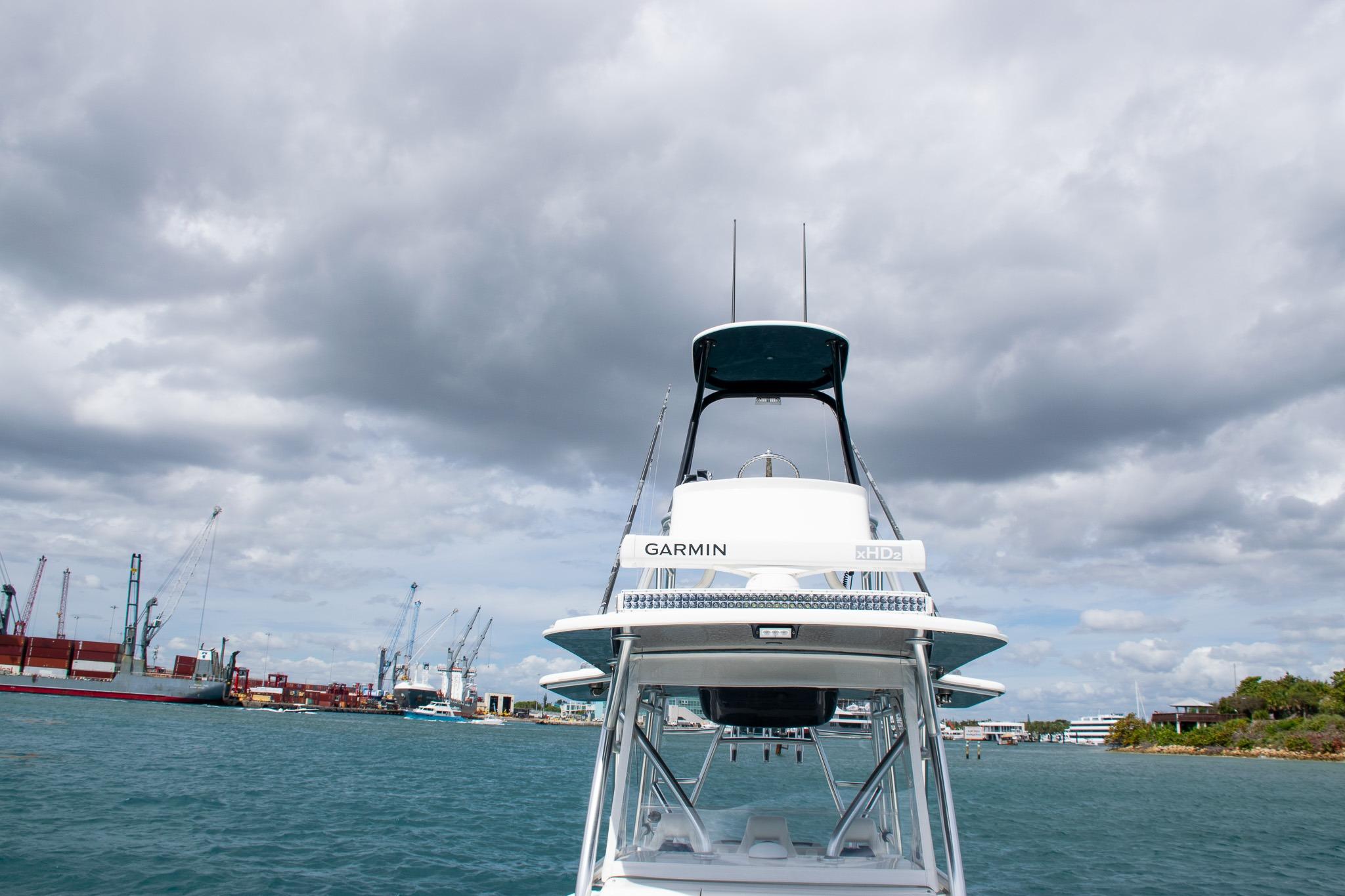 2022 SeaVee 390Z boat with Garmin equipment on a cloudy day at the harbor.