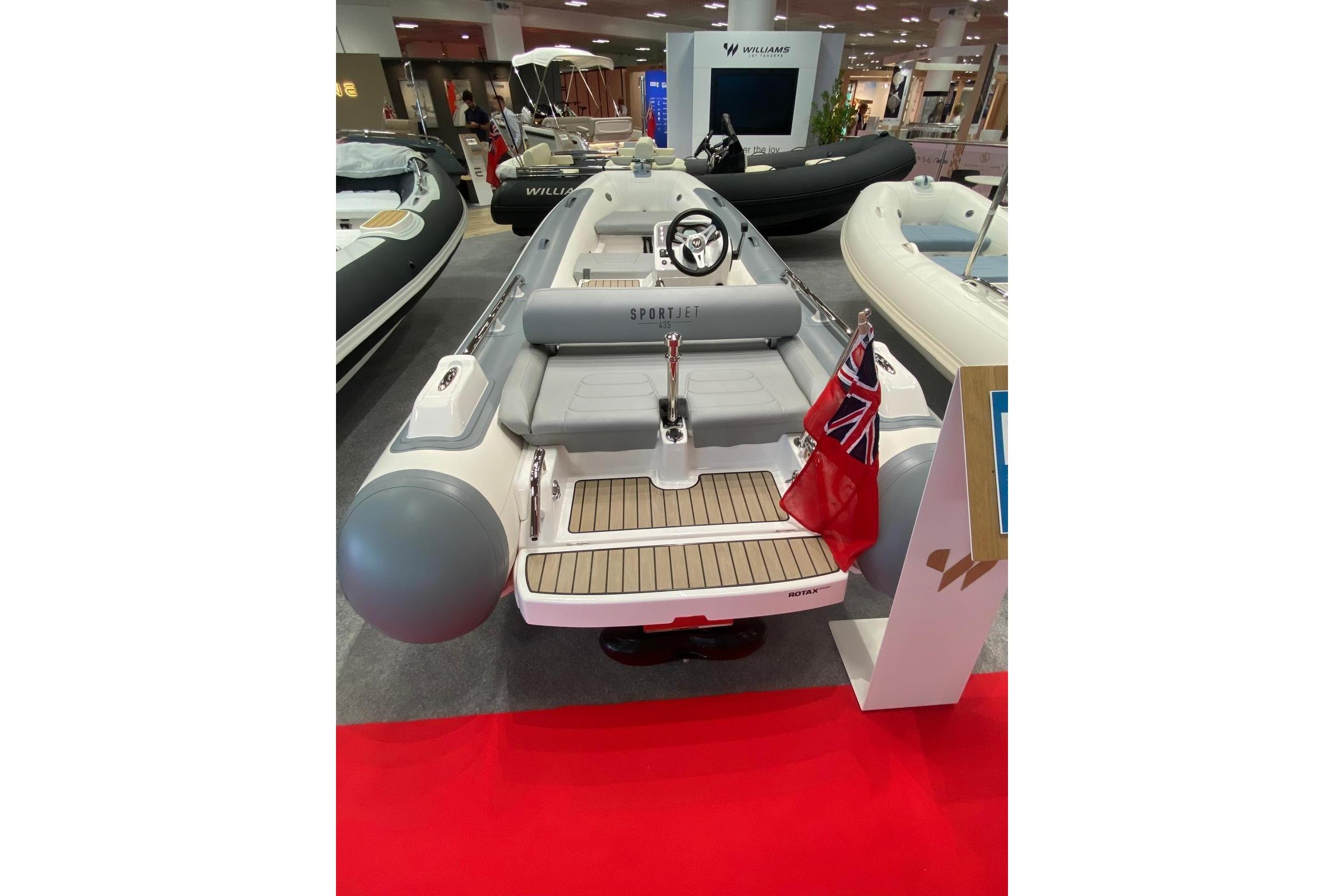 2025 Williams Jet Tenders Sportjet 435 on display at a boat show.
