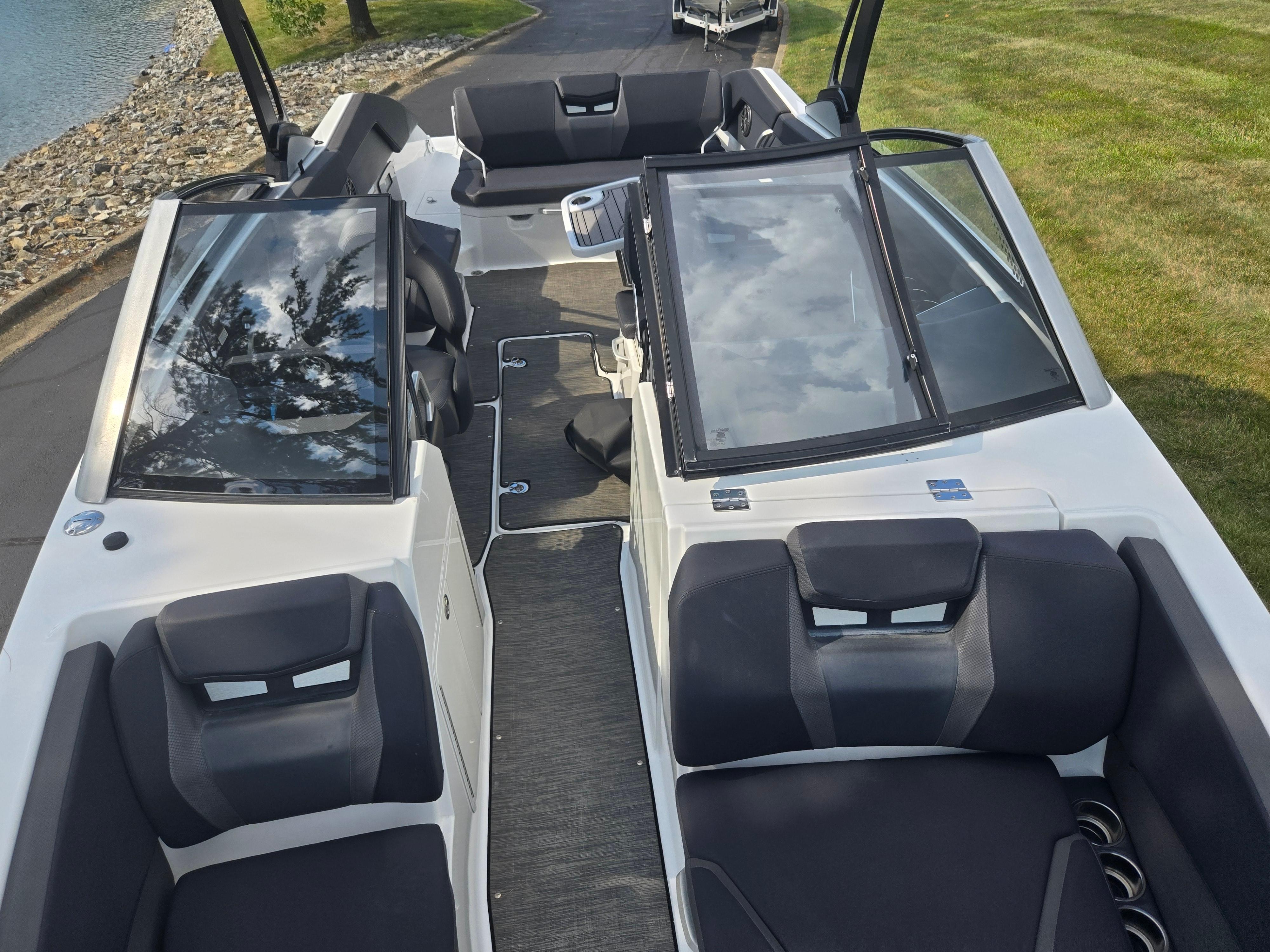 2021 Scarab 285 ID boat interior with sleek seating and modern design.