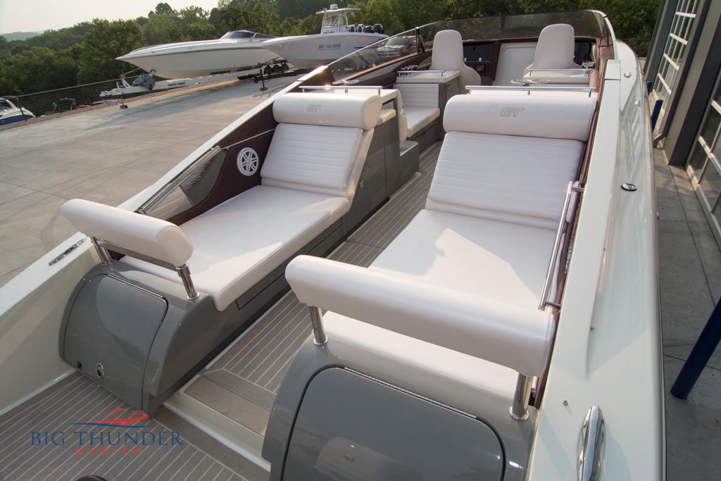 2019 Donzi 41 GT luxury boat with white seating and modern design.