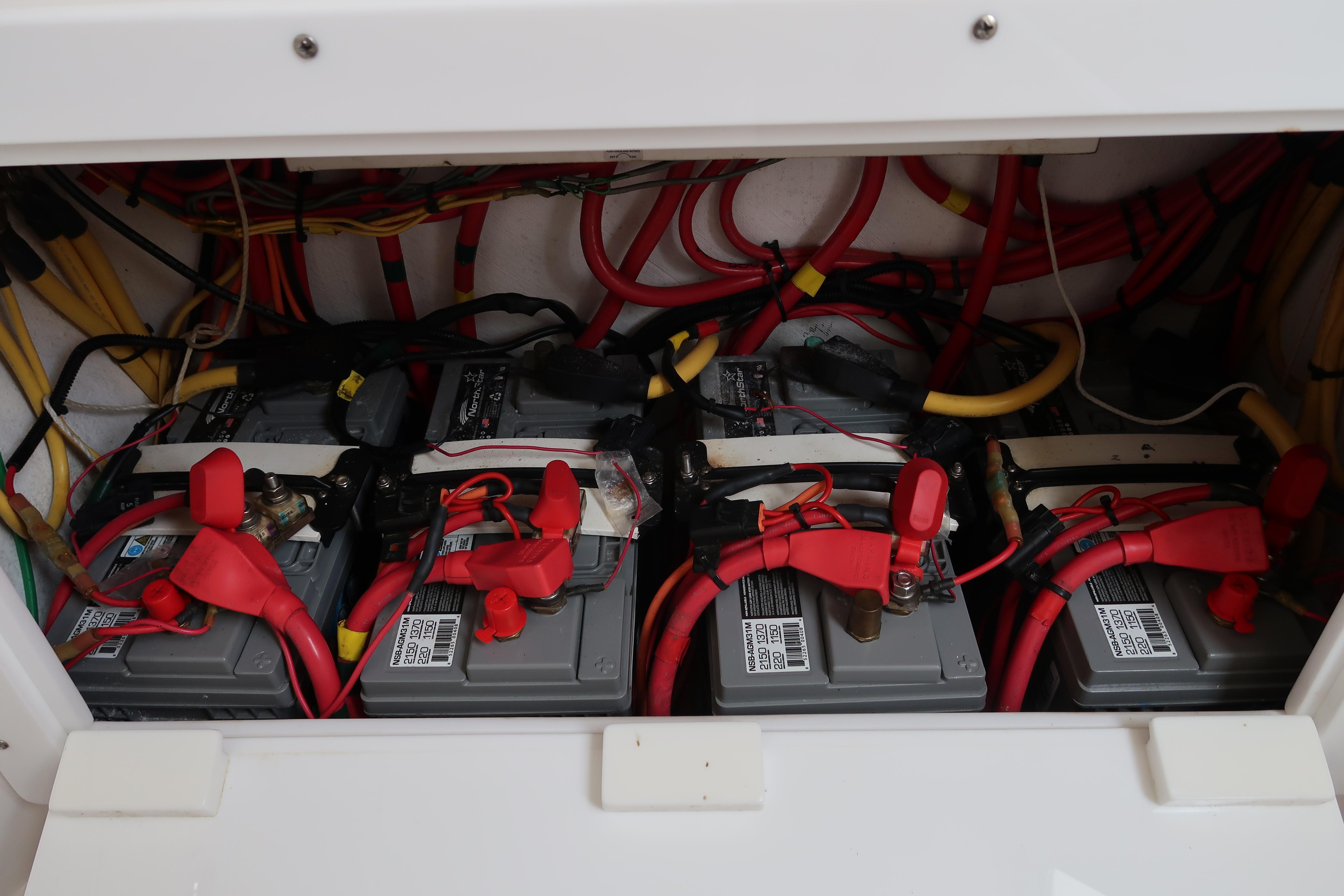 Battery compartment of 2016 Invincible 42 Open Fisherman boat with wiring.