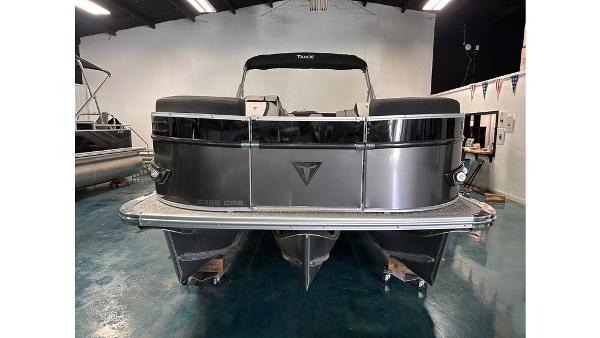 2025 Tahoe Pontoon Cascade Cruise Rear Bench in showroom, rear view.