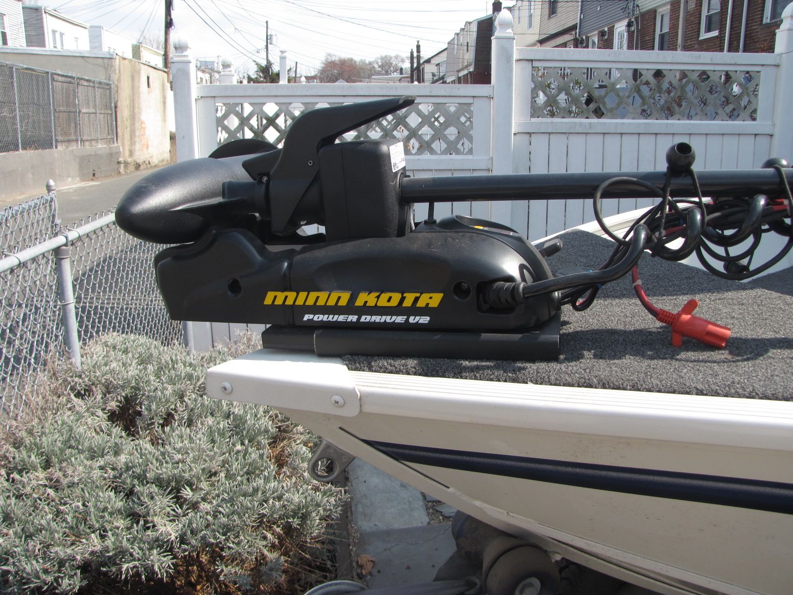 A Minn Kota Power Drive V2 motor on a boat.