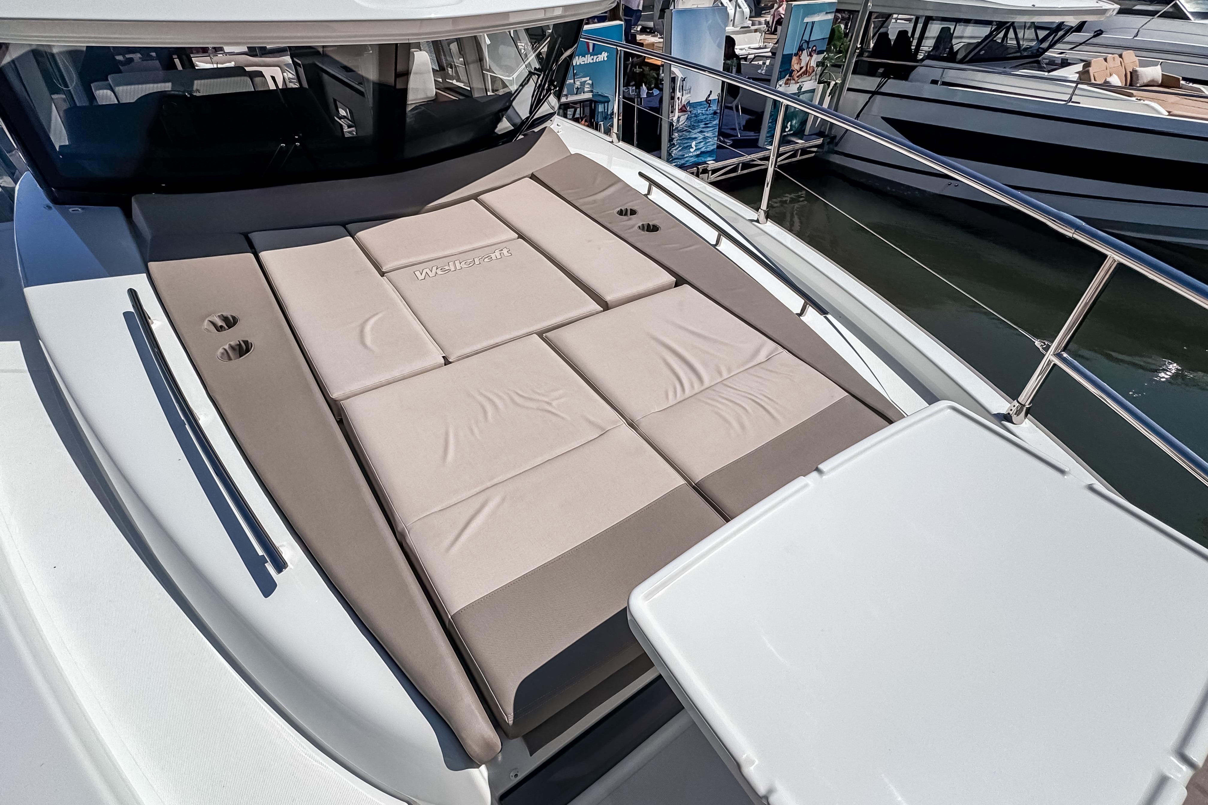 Sun deck of 2026 Wellcraft 44 Explorer with comfortable cushions.