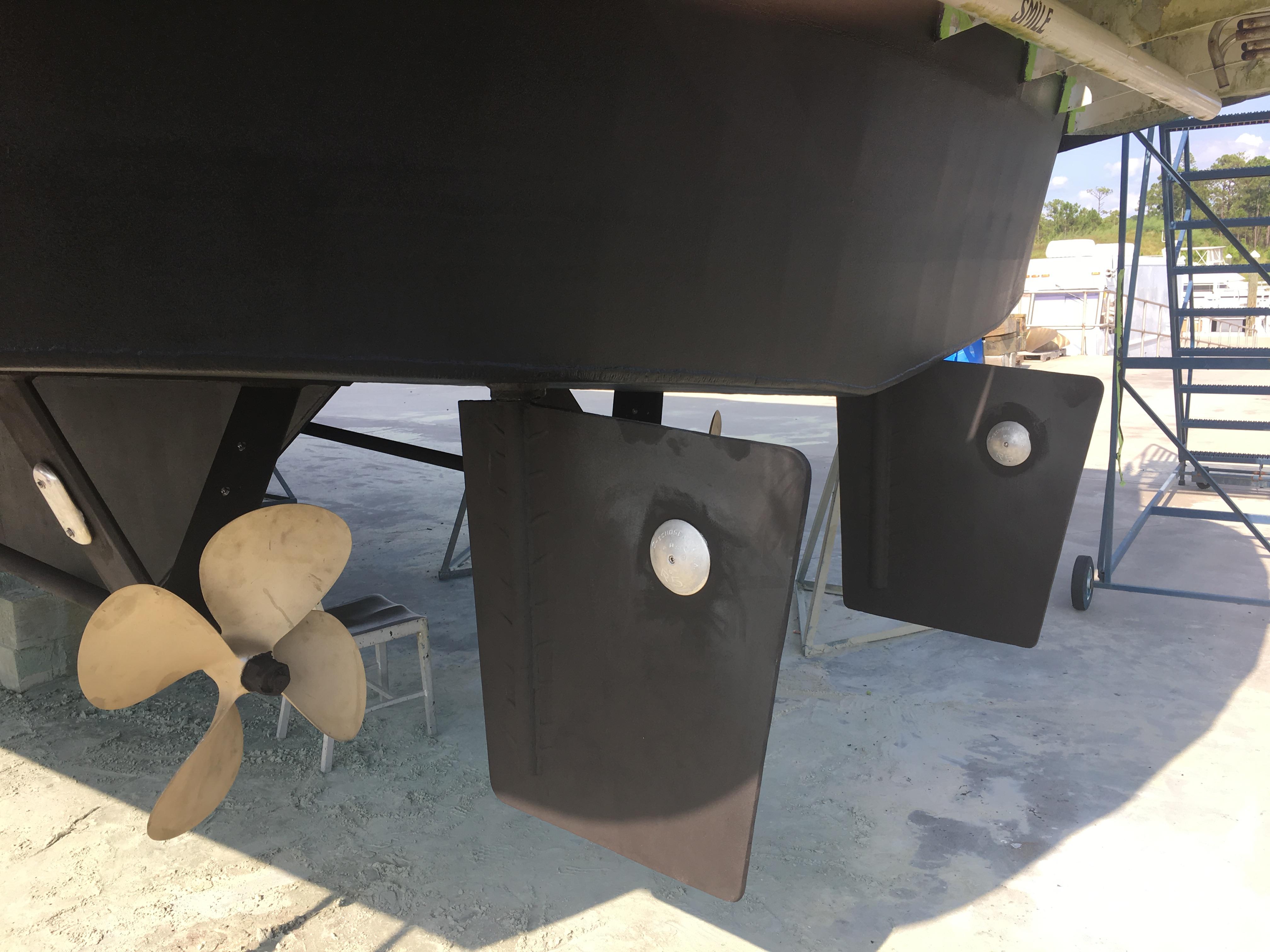 Underside of 1984 Broward CPMY with propeller and rudder.