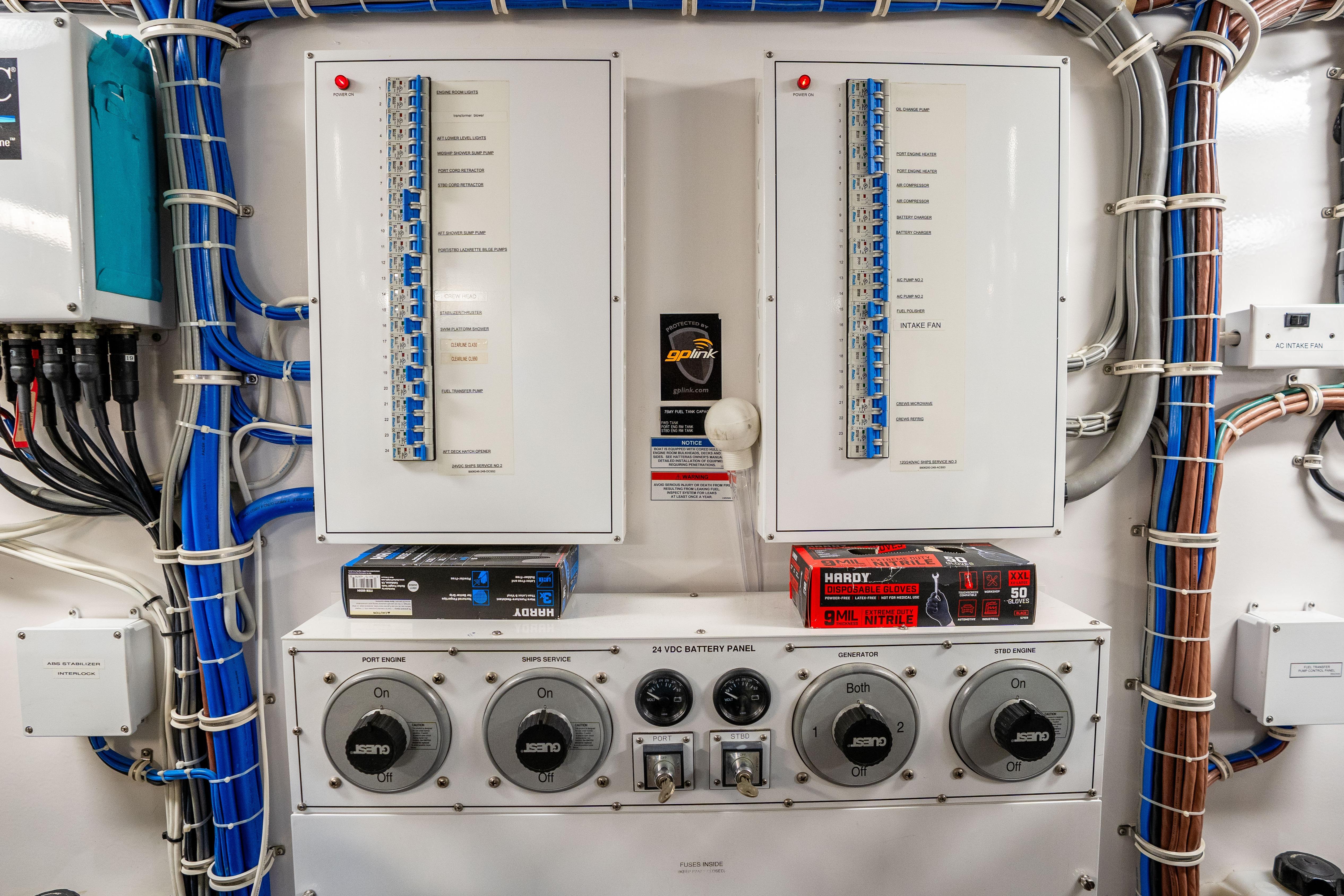 Electrical control panel in a 2021 Hatteras M75 Panacera yacht engine room.