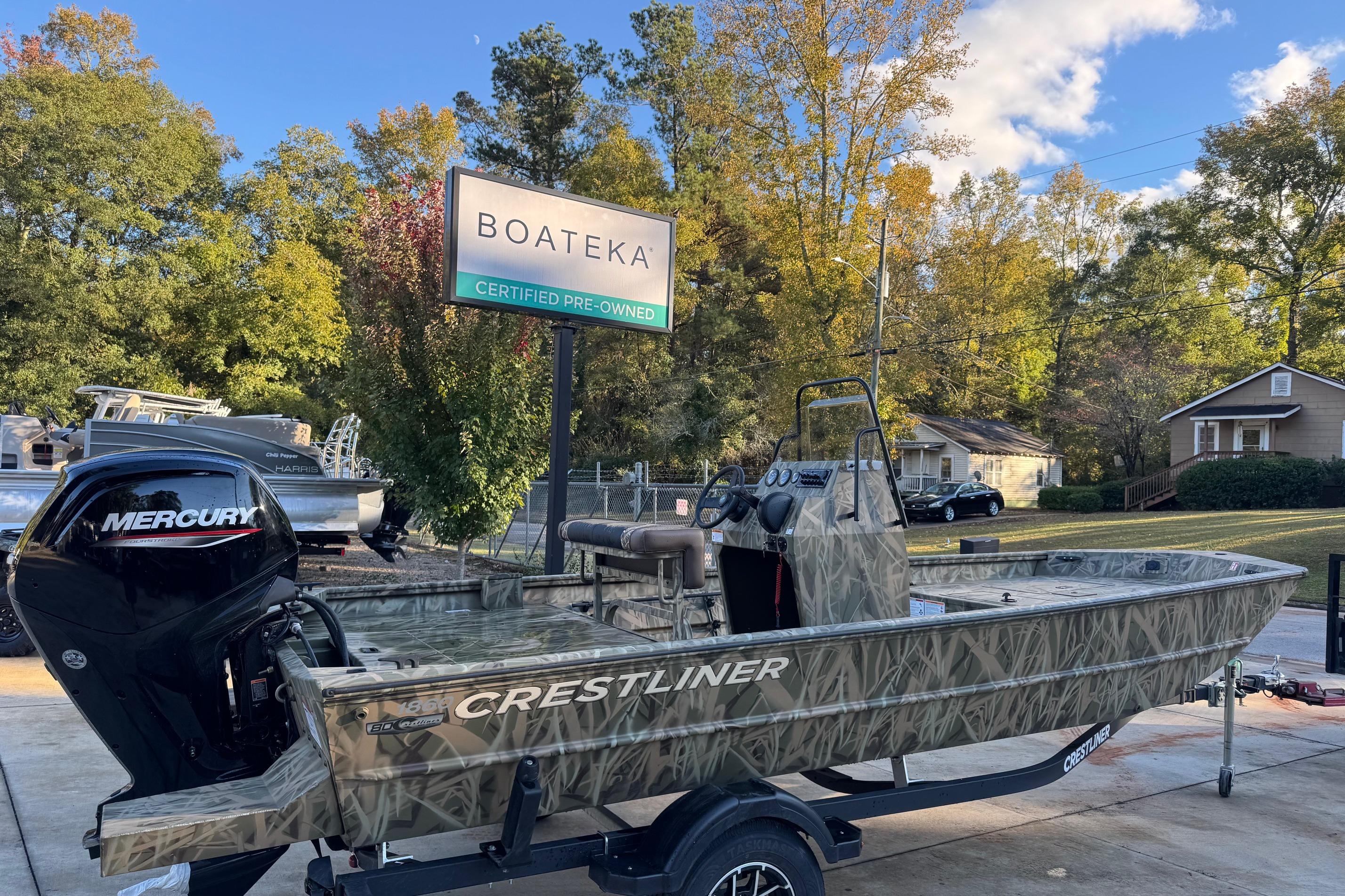 2026 Crestliner 1860 Retriever CC boat at Boateka, certified pre-owned, with Mercury engine.