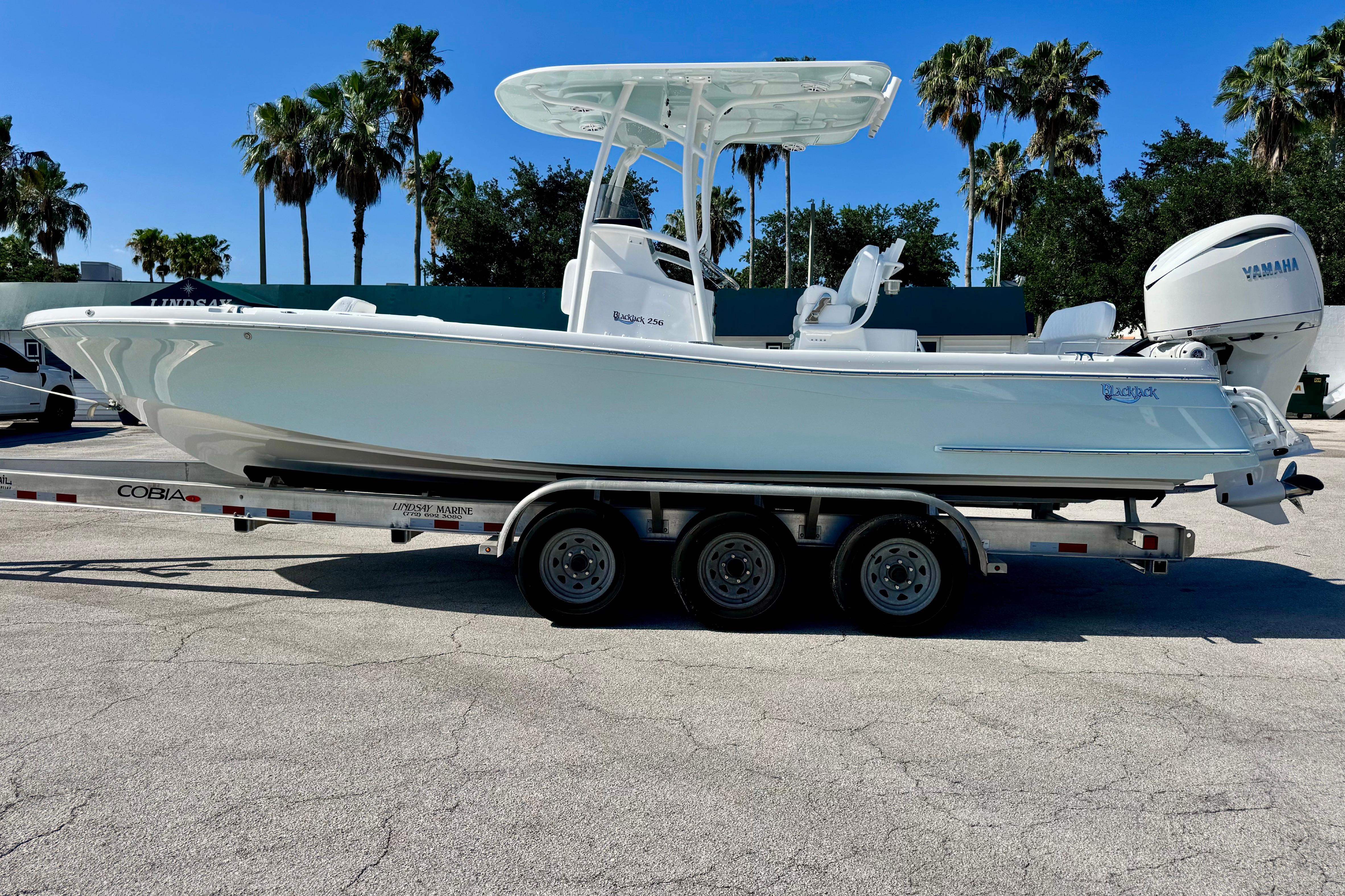2026 BlackJack 256 Coastal boat on trailer, parked outdoors under clear blue sky.