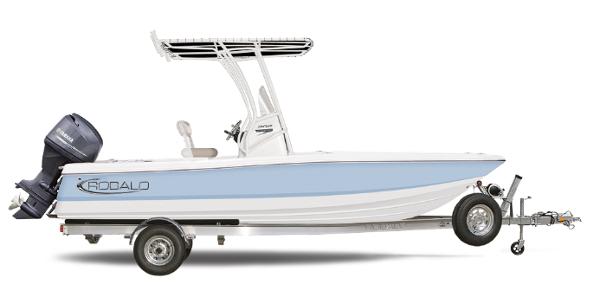 2025 Robalo 206 Cayman boat on trailer, side view, light blue and white design.