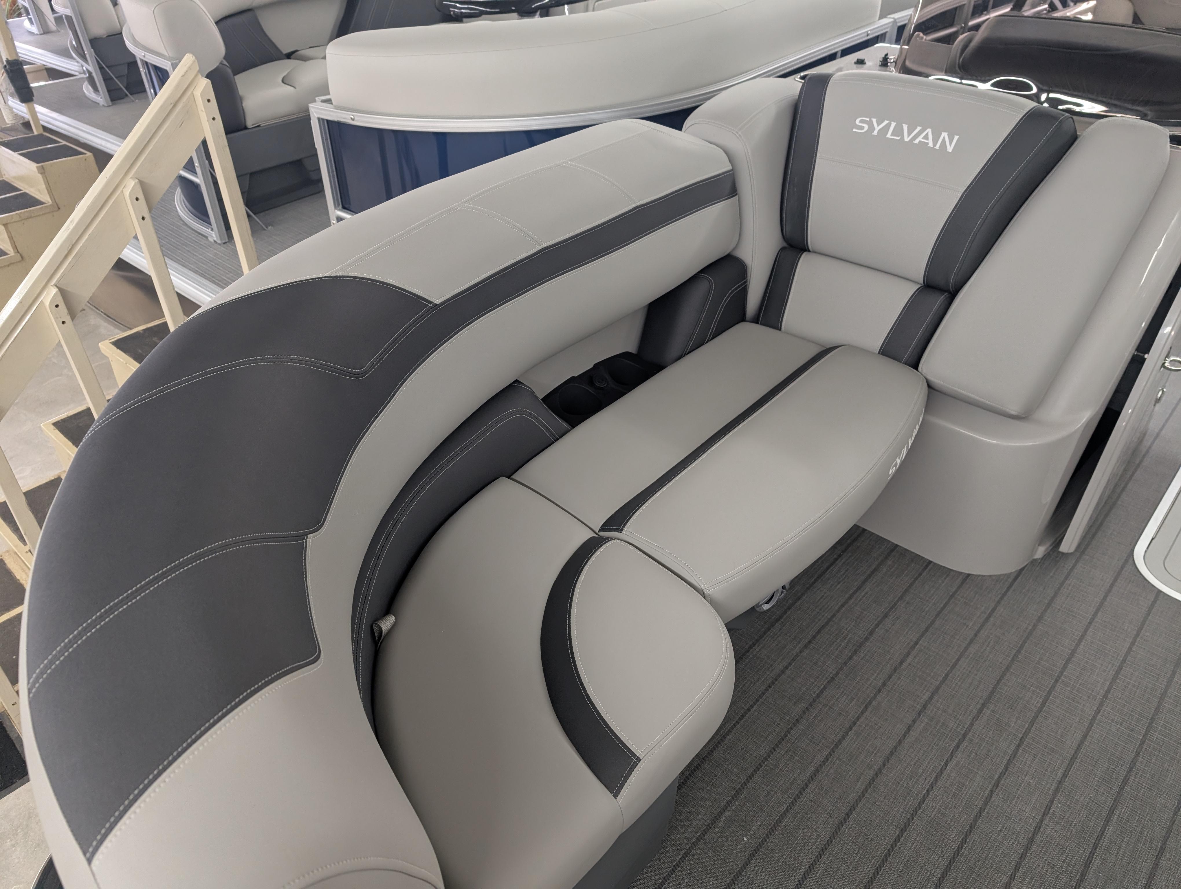 2025 Sylvan L3 DLZ Bar boat interior with sleek, modern seating design.