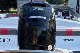 2026 Tahoe T16 boat with Mercury 75 engine, rear view.