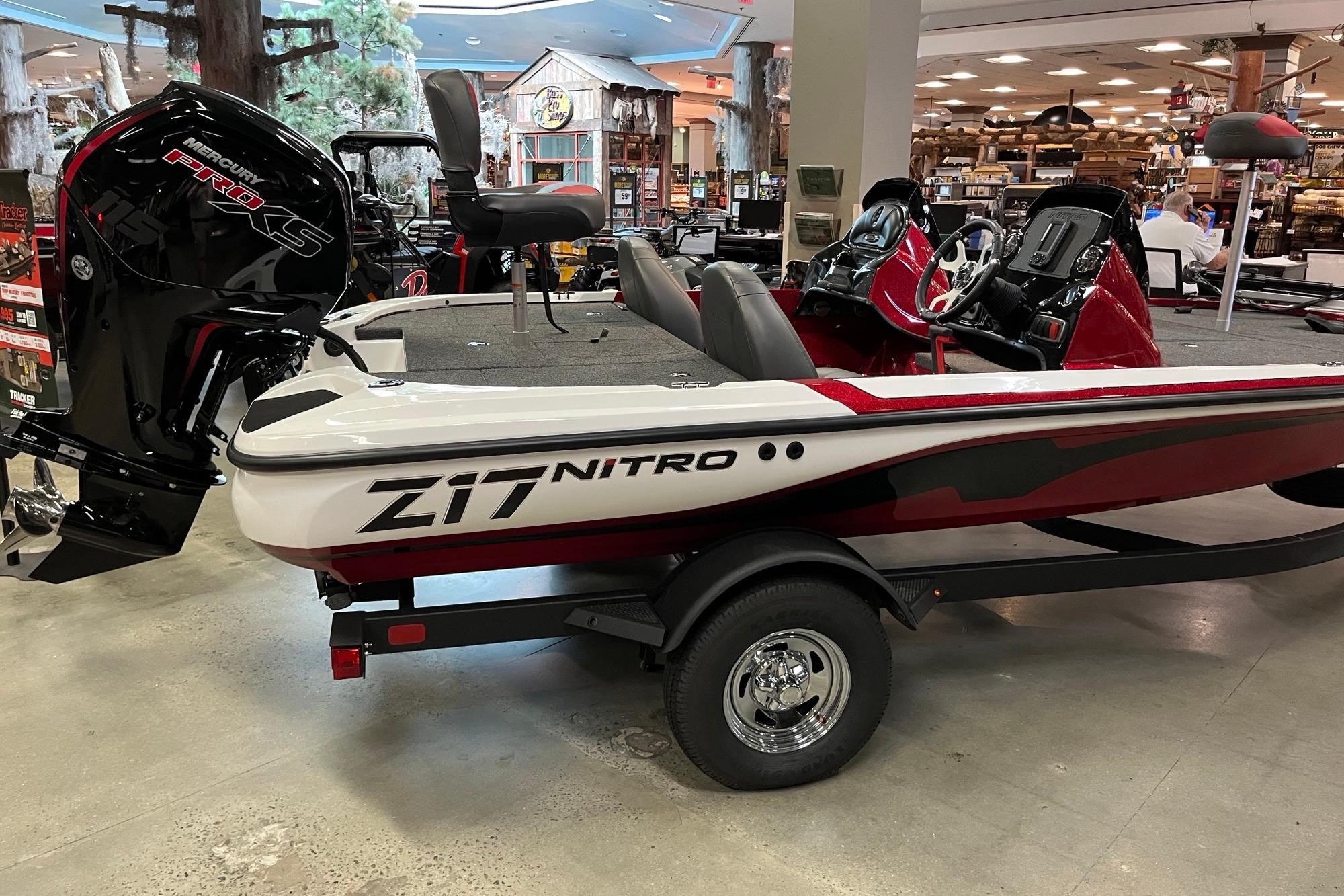 2026 Nitro Z17 boat with Mercury Pro XS engine displayed indoors.