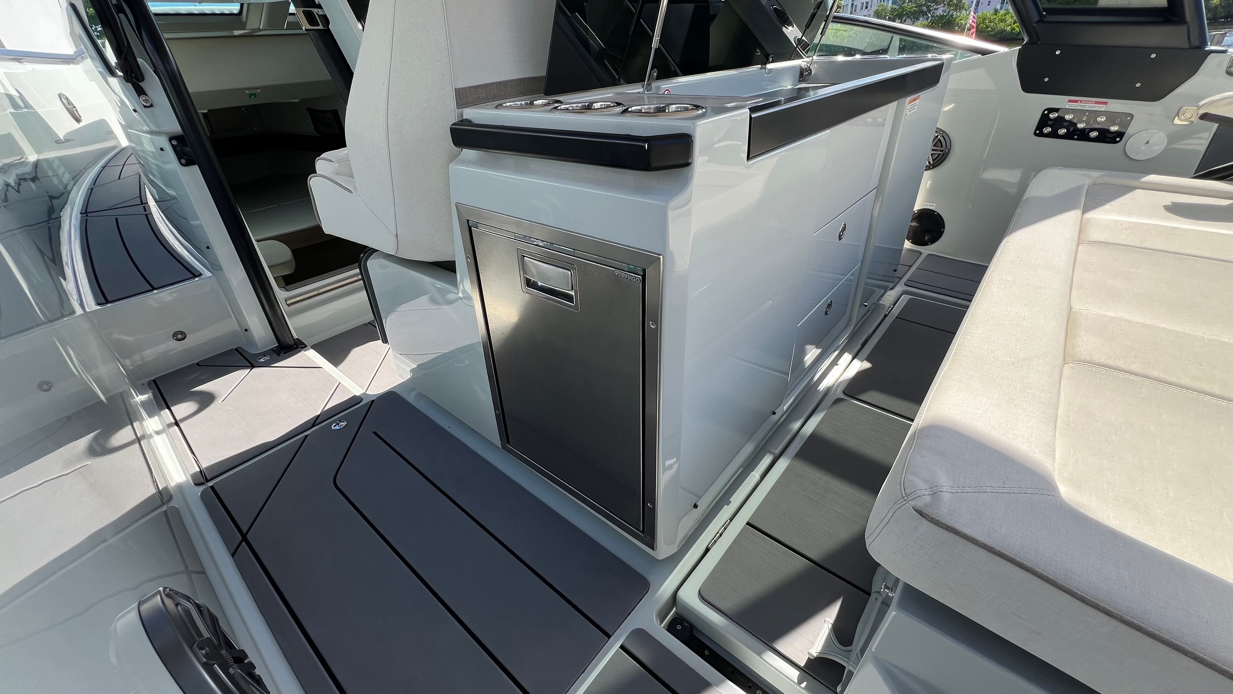 Interior of 2024 Saxdor 320 GTO with modern seating and cabinetry.