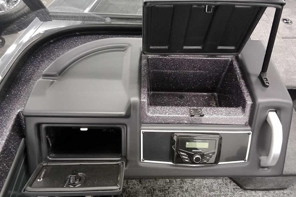 2026 Ranger VX1888 WT boat console with storage compartments and control panel.