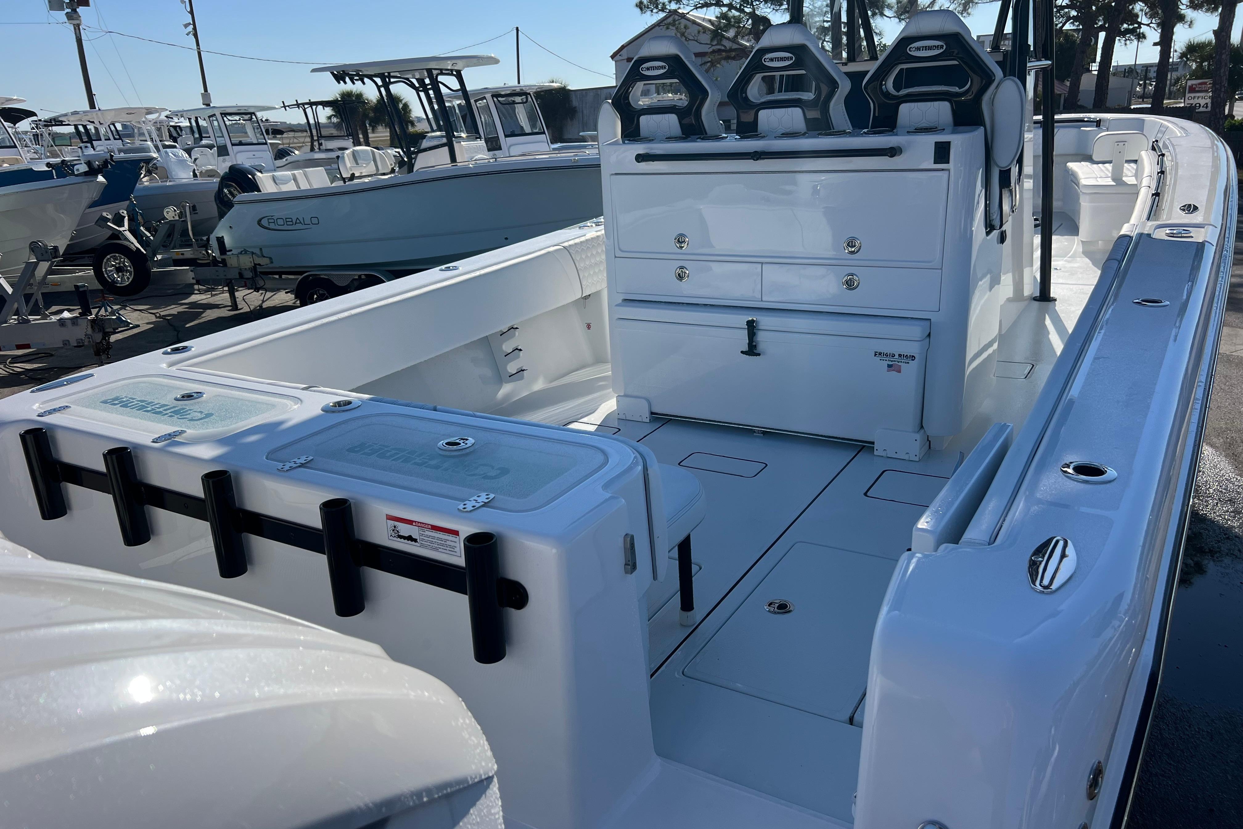 2026 Contender 35 ST boat interior with seating and storage compartments.