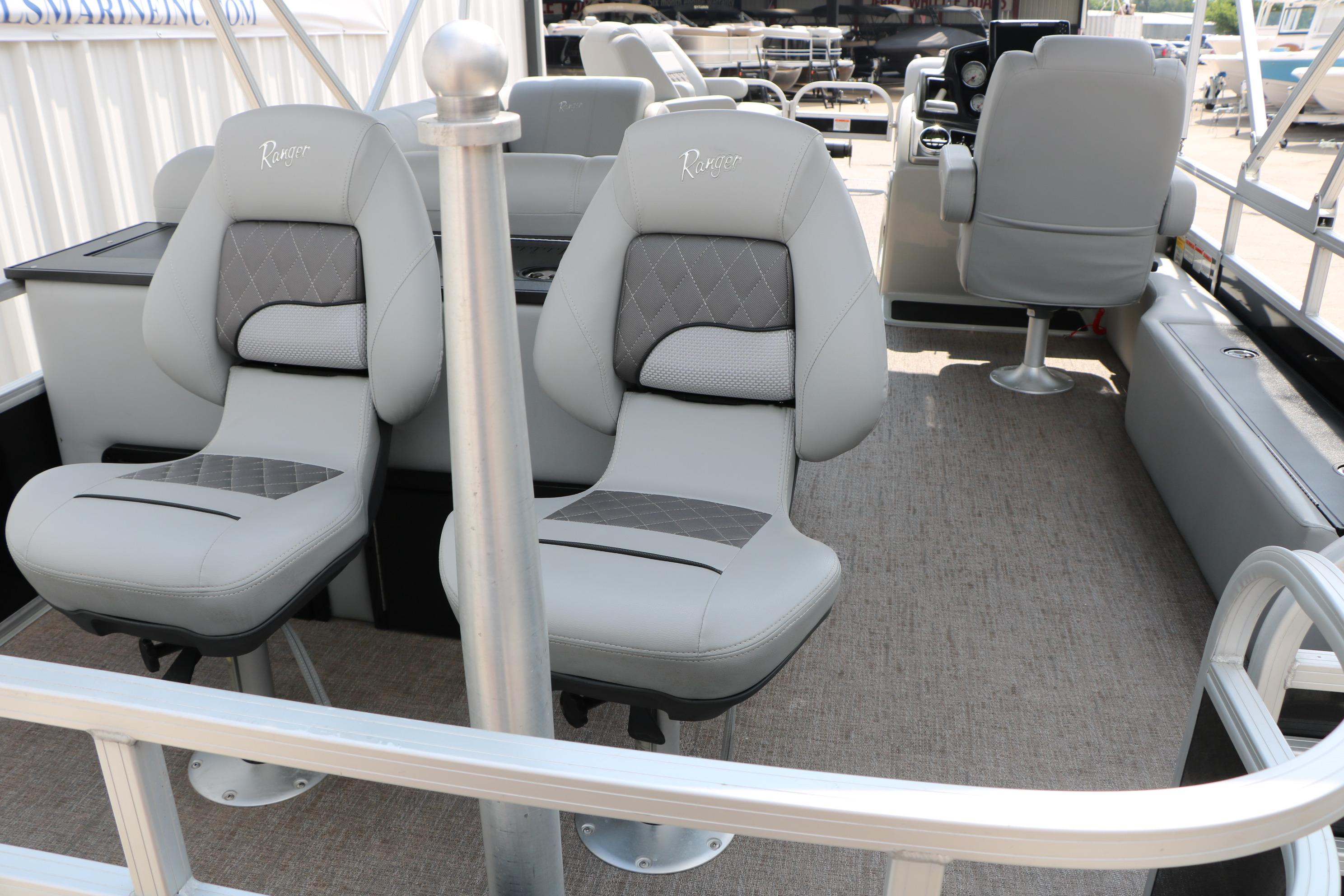 2021 Ranger 223FC boat interior with gray seating and modern design.