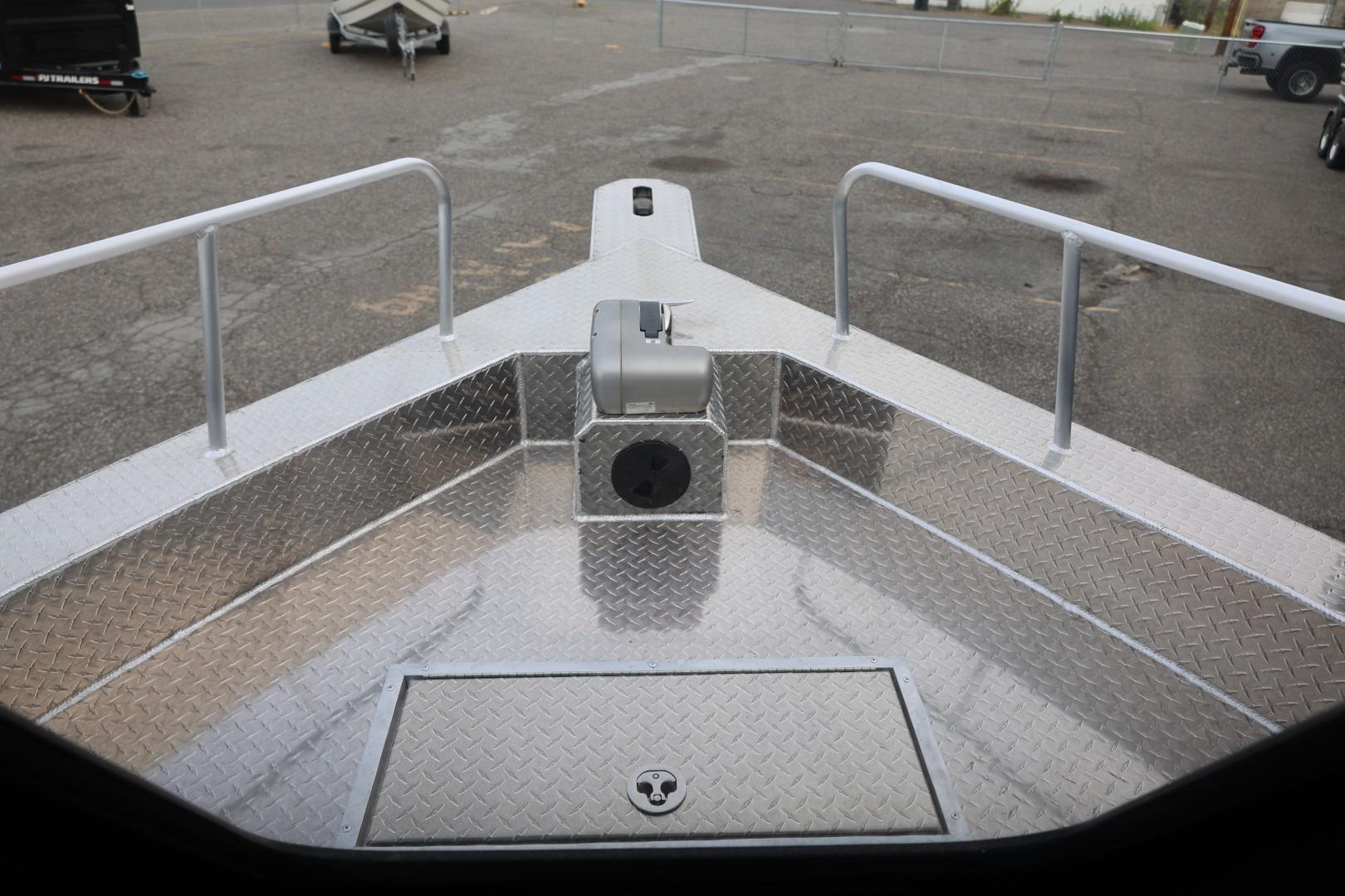 Bow of 2026 Thunder Jet 24 Alexis Pro boat with diamond plate flooring.