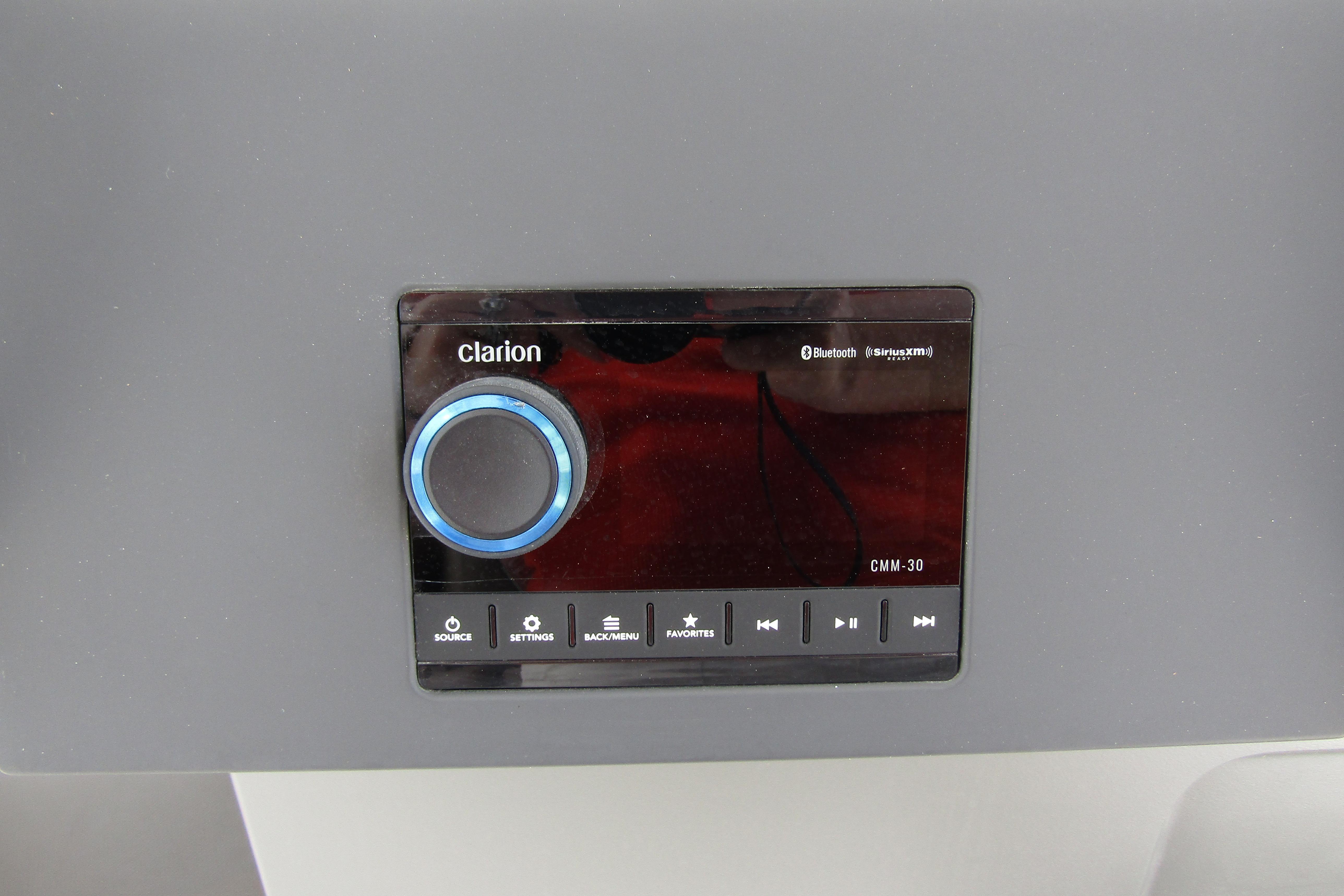 Clarion CMM-30 audio system on 2025 Nimbus Tender 11 boat dashboard.