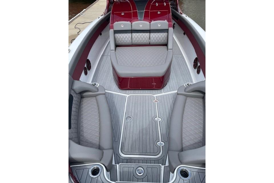 2021 Mystic Powerboats M3800 interior with luxurious seating and sleek design.