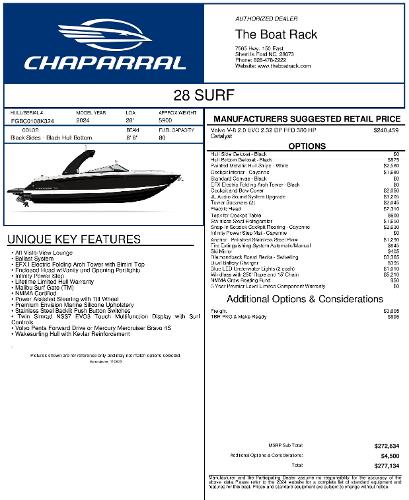 2024 Chaparral 28 Surf boat features and pricing details.