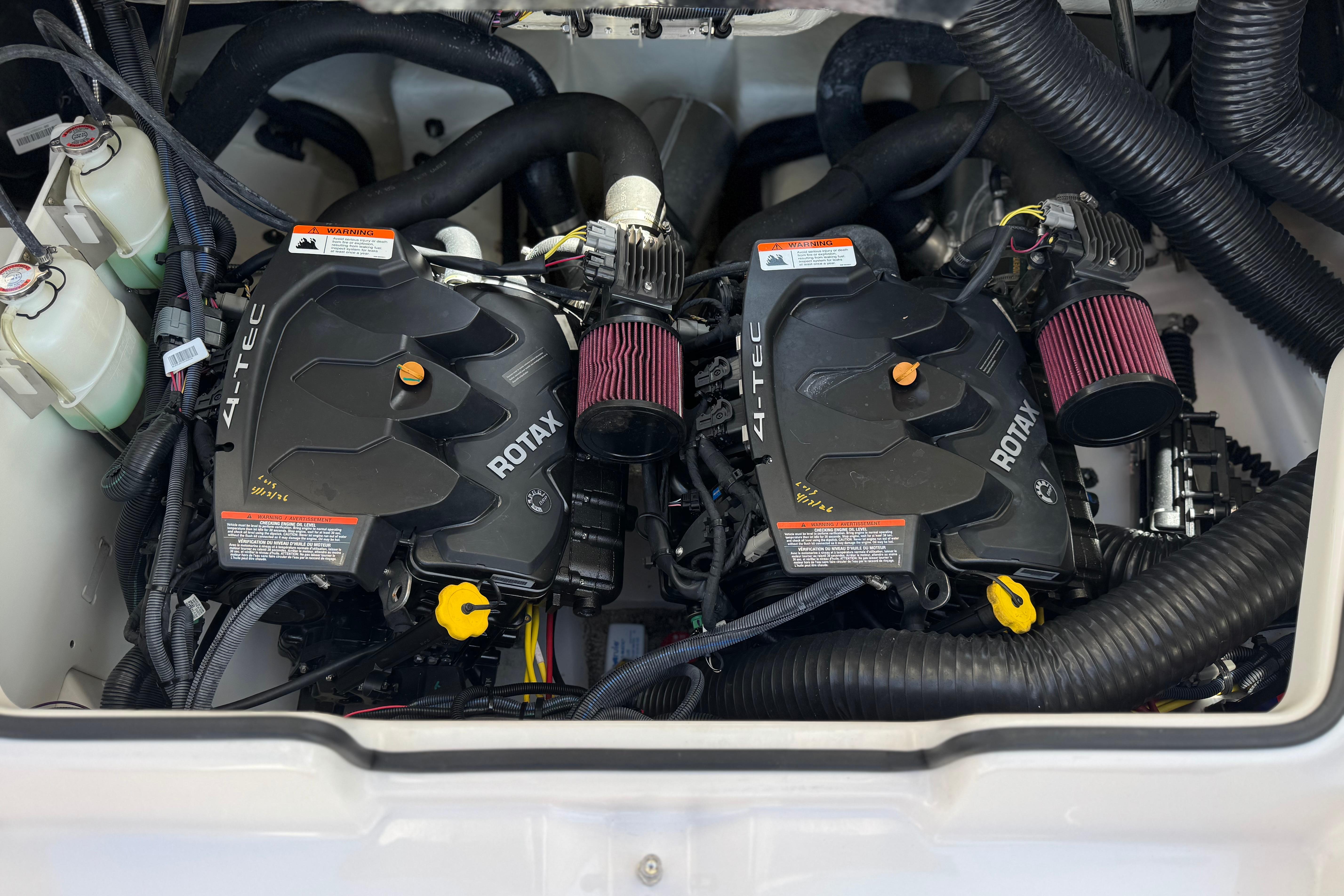 Engine compartment of 2017 Scarab 255 H.O. Platinum with dual Rotax engines.