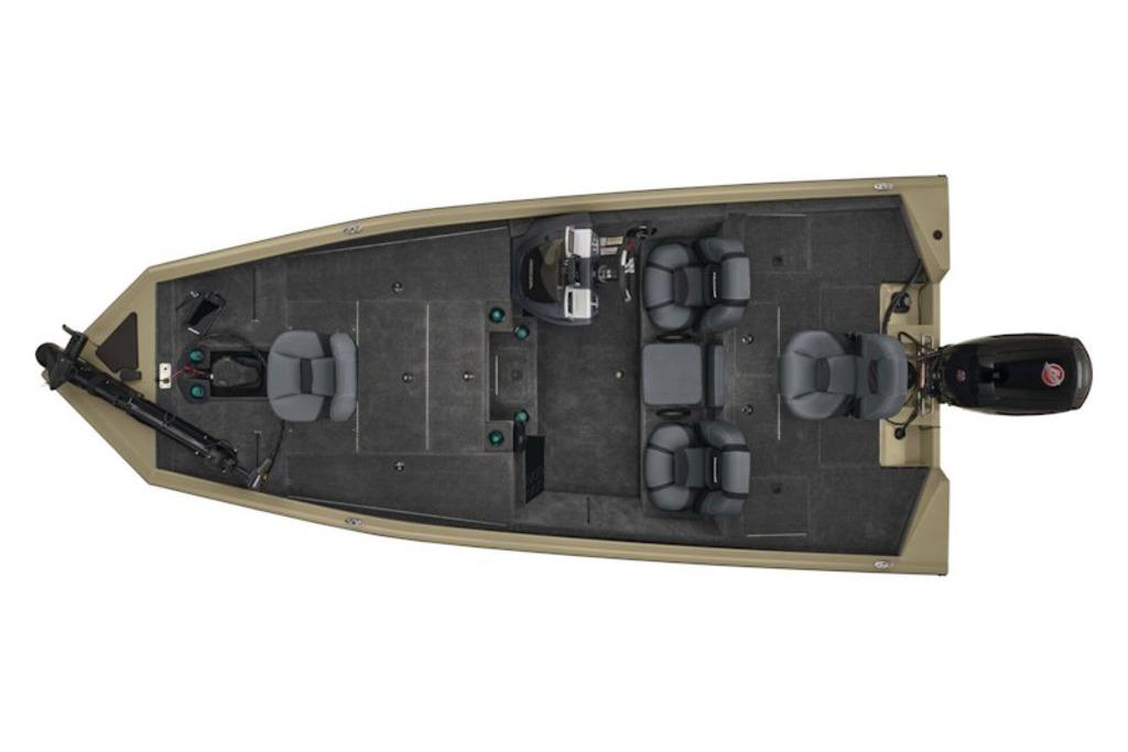 Top view of 2026 Tracker Pro Team 195 fishing boat with seating and motor.