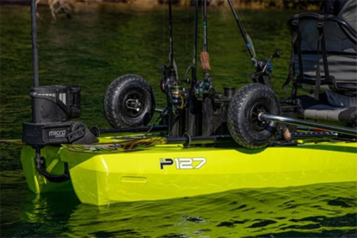 2023 Bonafide P127 kayak with fishing gear and accessories on water.