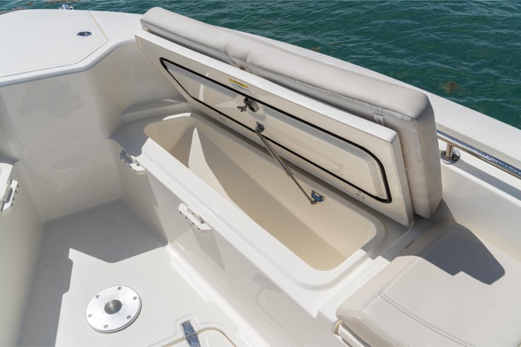 Open storage compartment on 2024 Boston Whaler 280 Dauntless boat.