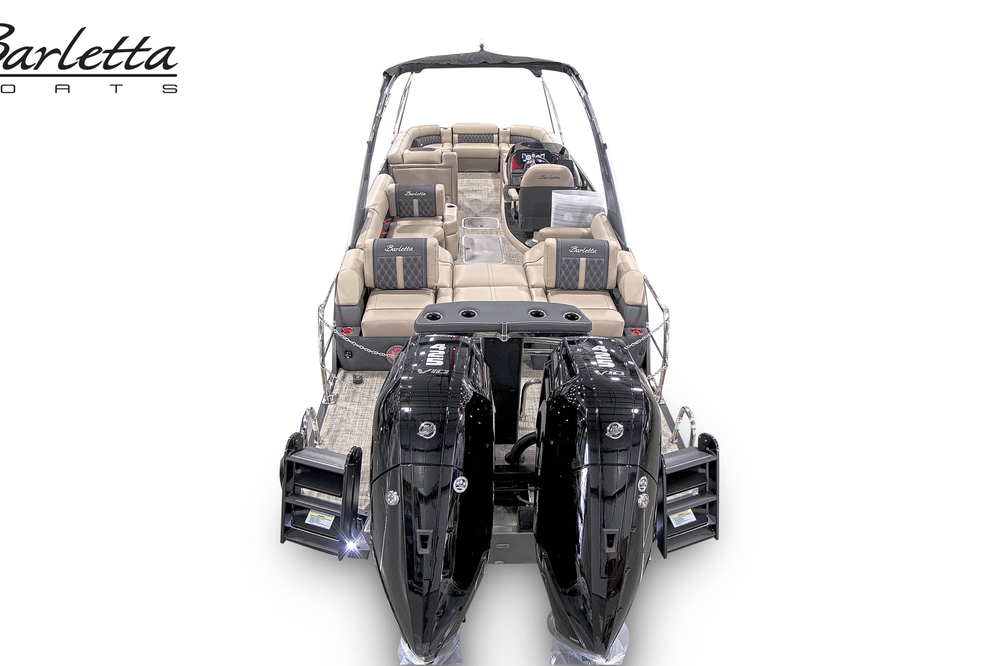 2027 Barletta L25MAT pontoon boat with dual engines and luxurious seating.