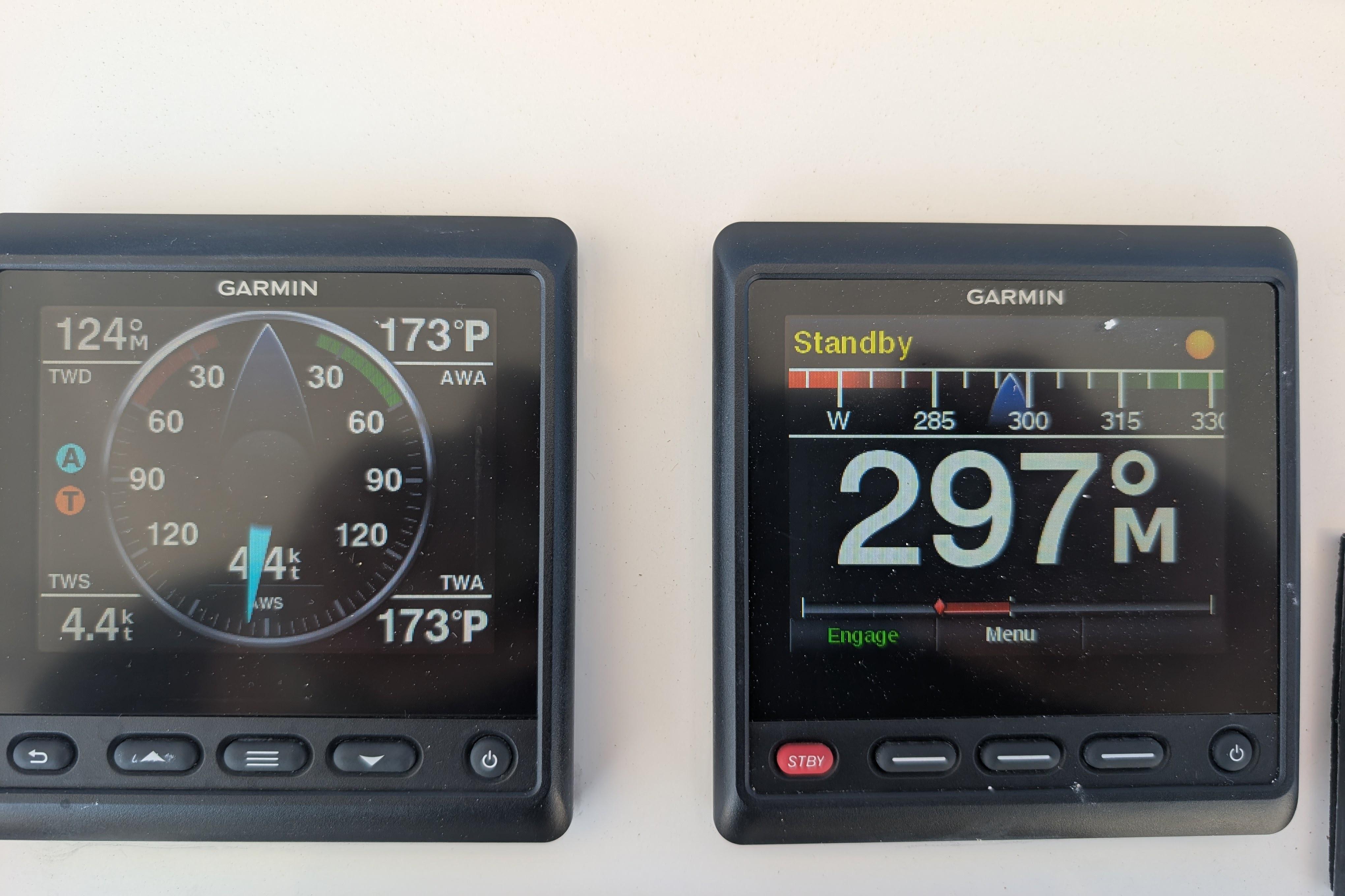 Garmin navigation displays on a 2015 American Tug 435, showing wind and heading data.