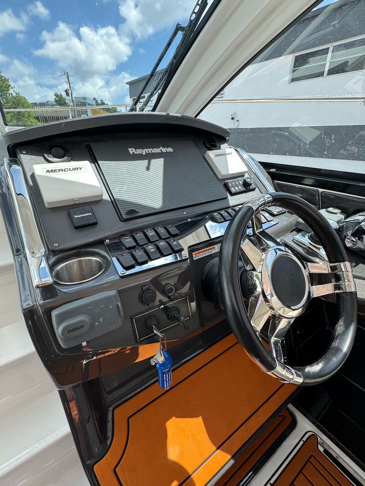 Helm console of a 2015 Monterey 360 Sport Coupe boat.