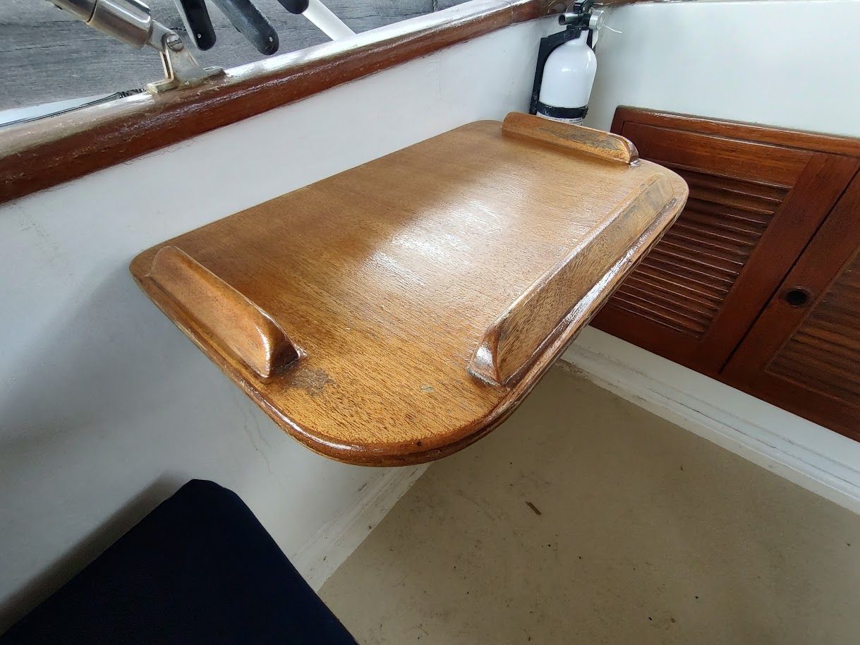 Wooden table on Marine Trader Double Cabin 40, year 1983.