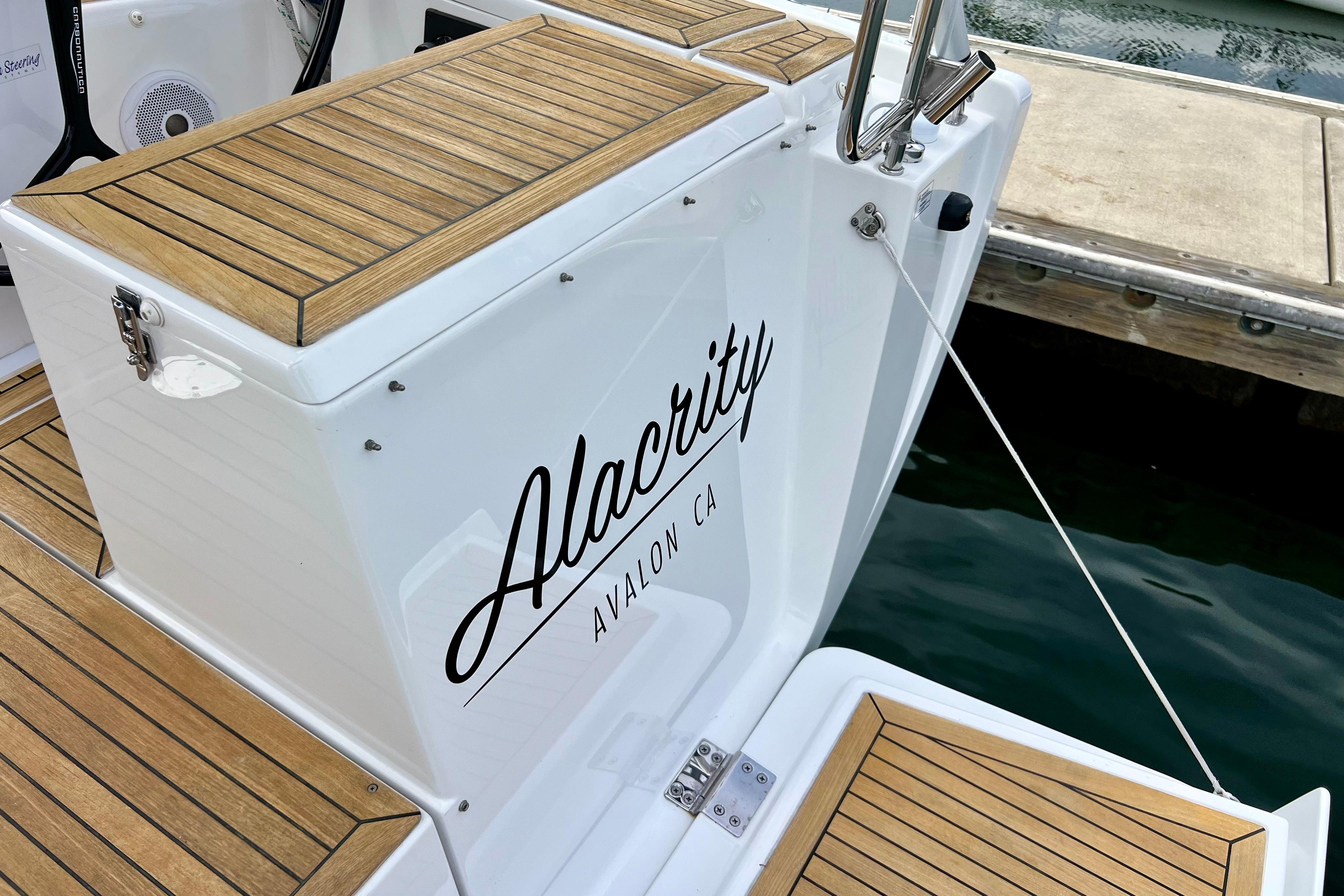 Stern view of 2016 Hanse 455 yacht "Alacrity" docked in Avalon, CA.