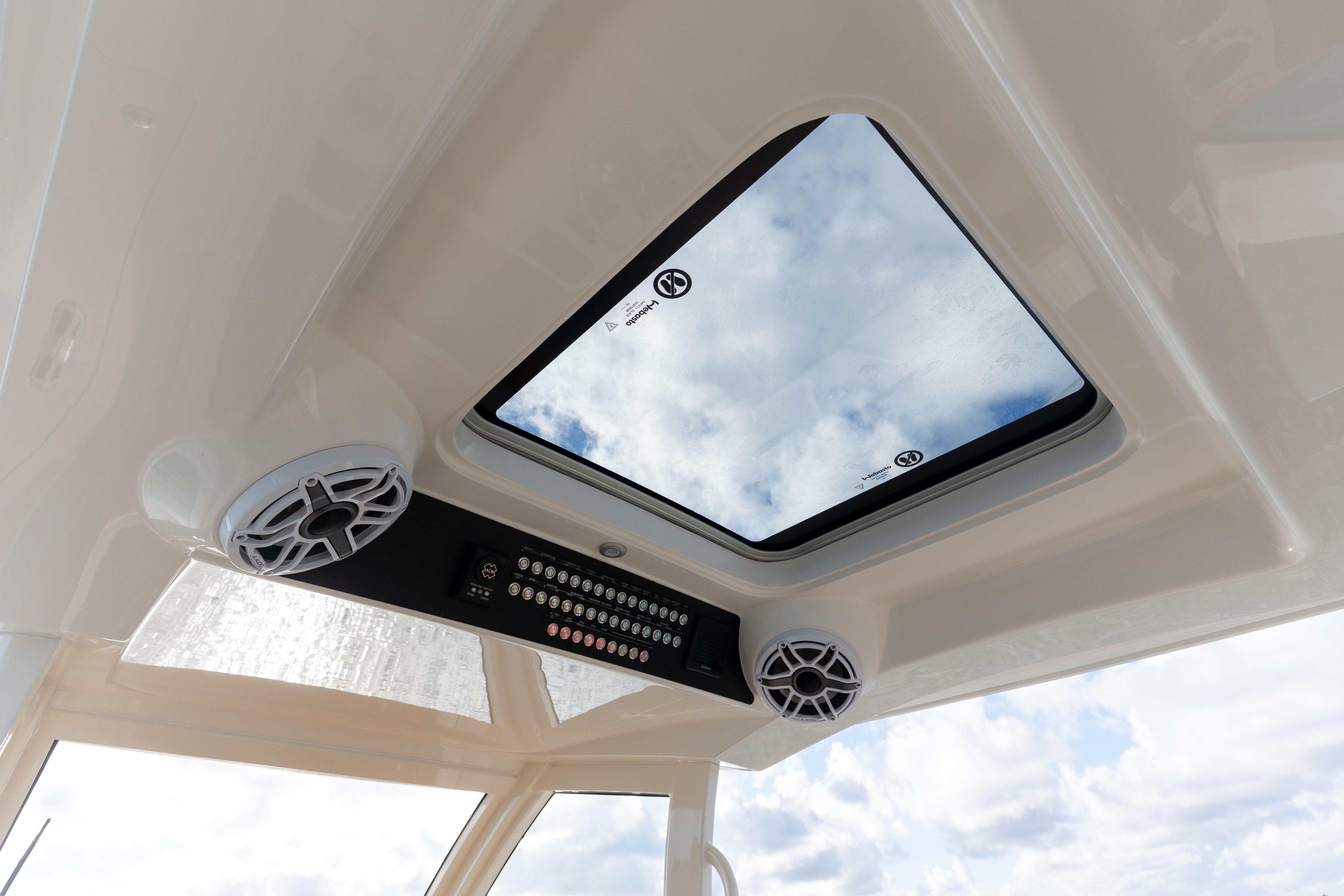 Skylight and speakers inside 2026 Blackwater 41 Performance Fish boat cabin.