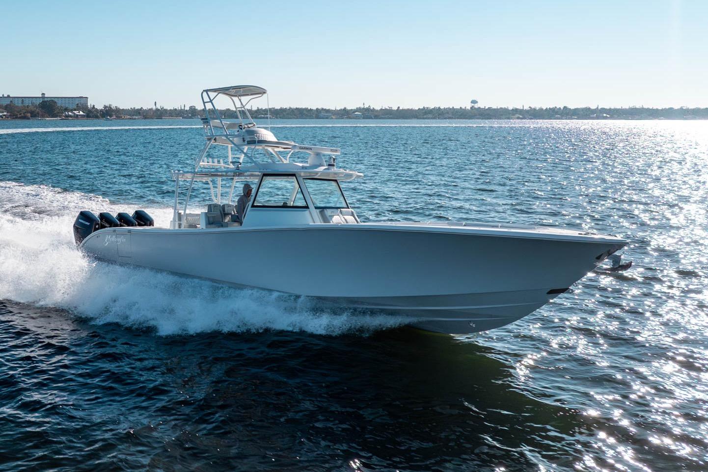 2023 Yellowfin 42 Offshore boat cruising on open water.