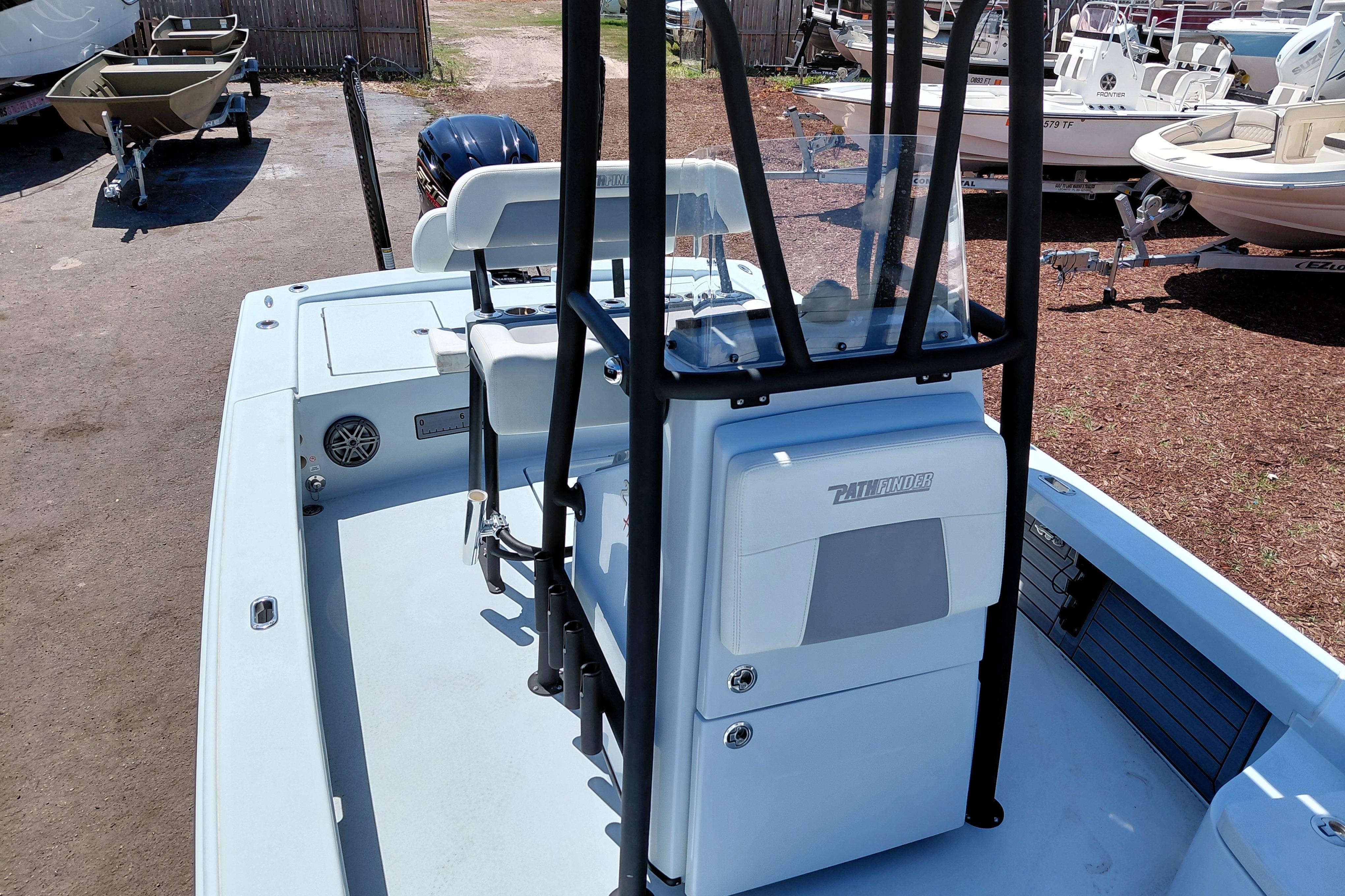 2022 Pathfinder 2300 HPS boat with center console, parked outdoors.
