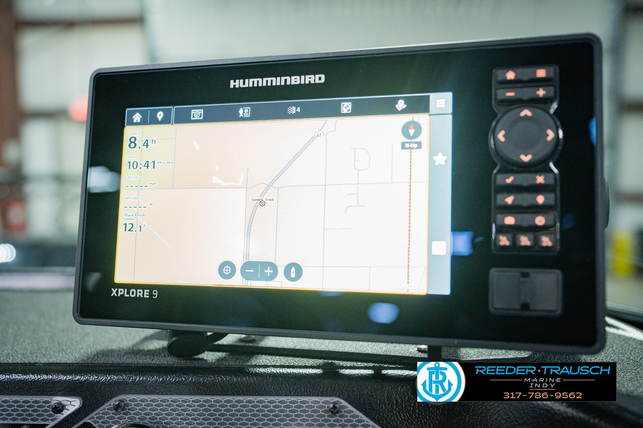 Humminbird Xplore 9 GPS system on 2026 Lund 1775 Impact XS boat dashboard.