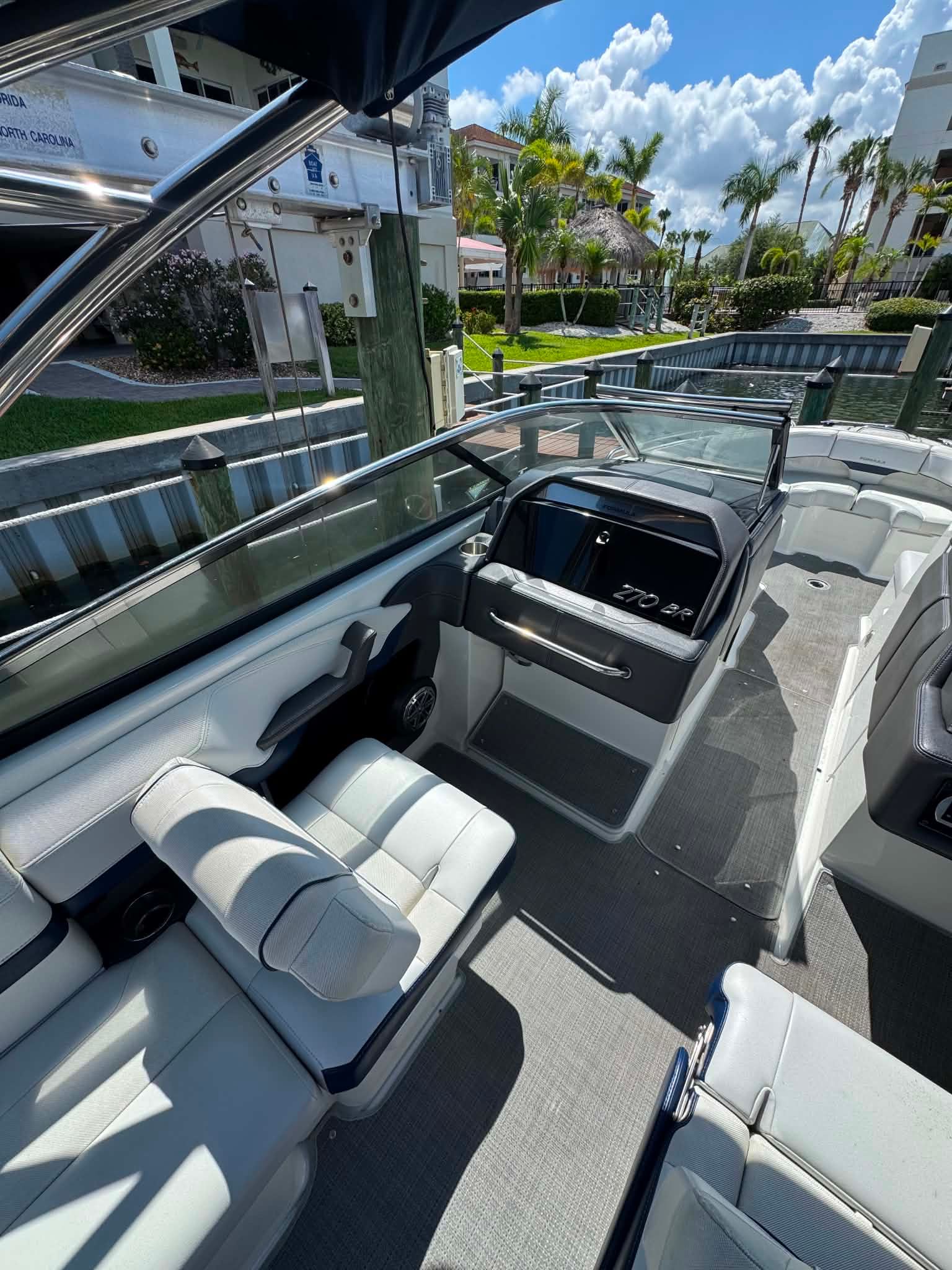Interior of a 2018 Formula 270 Bowrider boat, modern design.