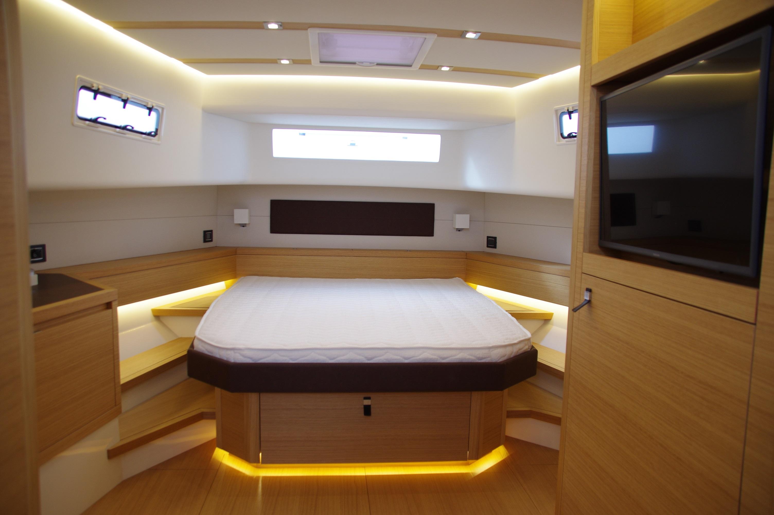 Luxurious cabin interior of 2025 Pardo Yachts 50, featuring modern design and ambient lighting.