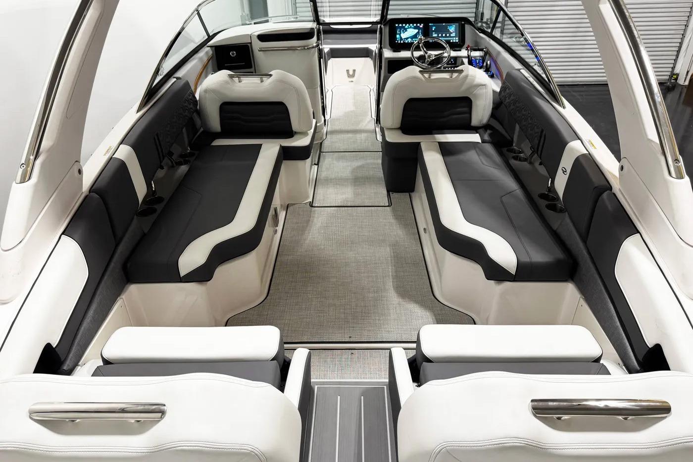Luxurious interior of 2026 Regal LX9 boat with sleek seating and modern dashboard.