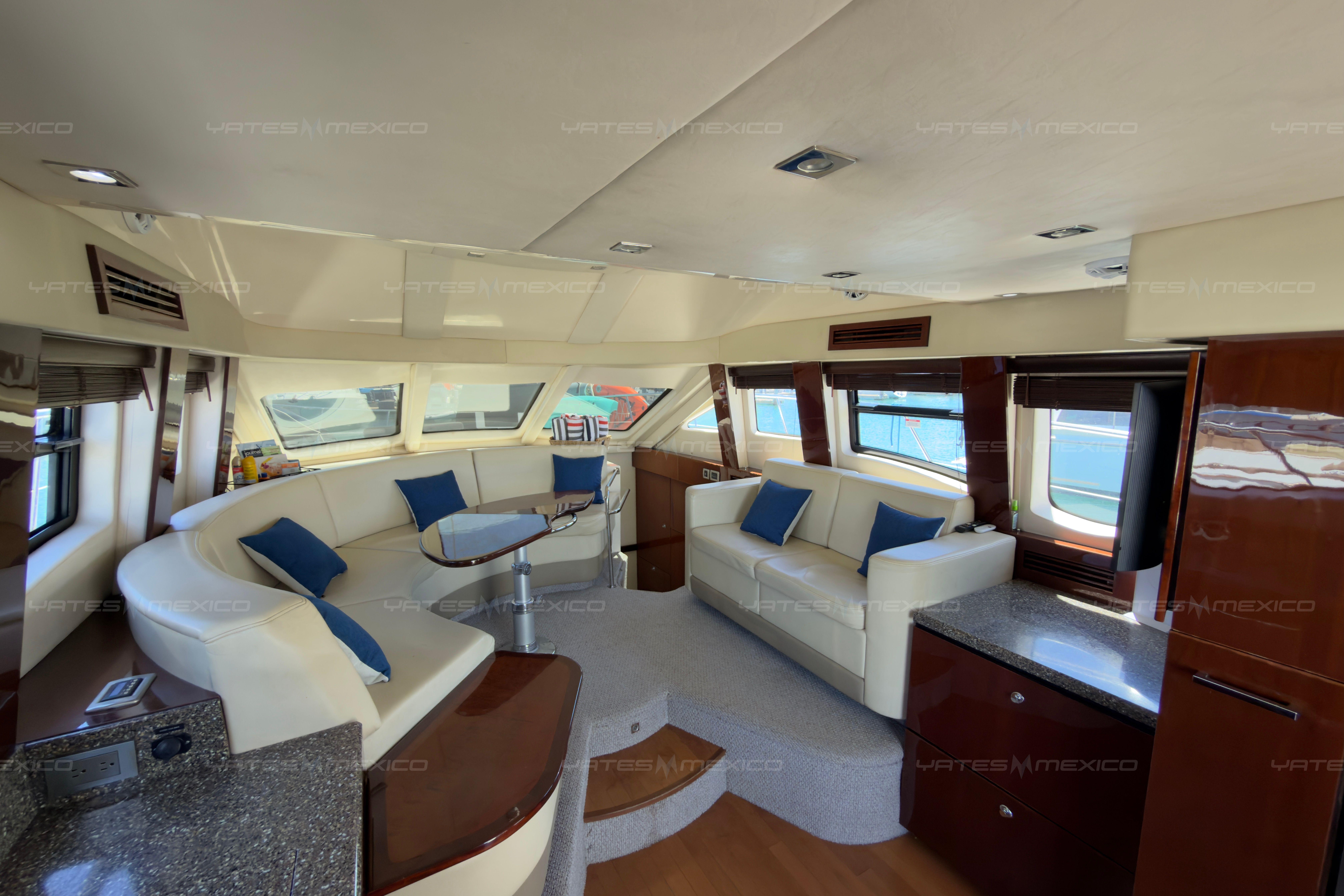 Luxurious interior of 2008 Sea Ray 480 Sedan Bridge yacht with plush seating and modern design.