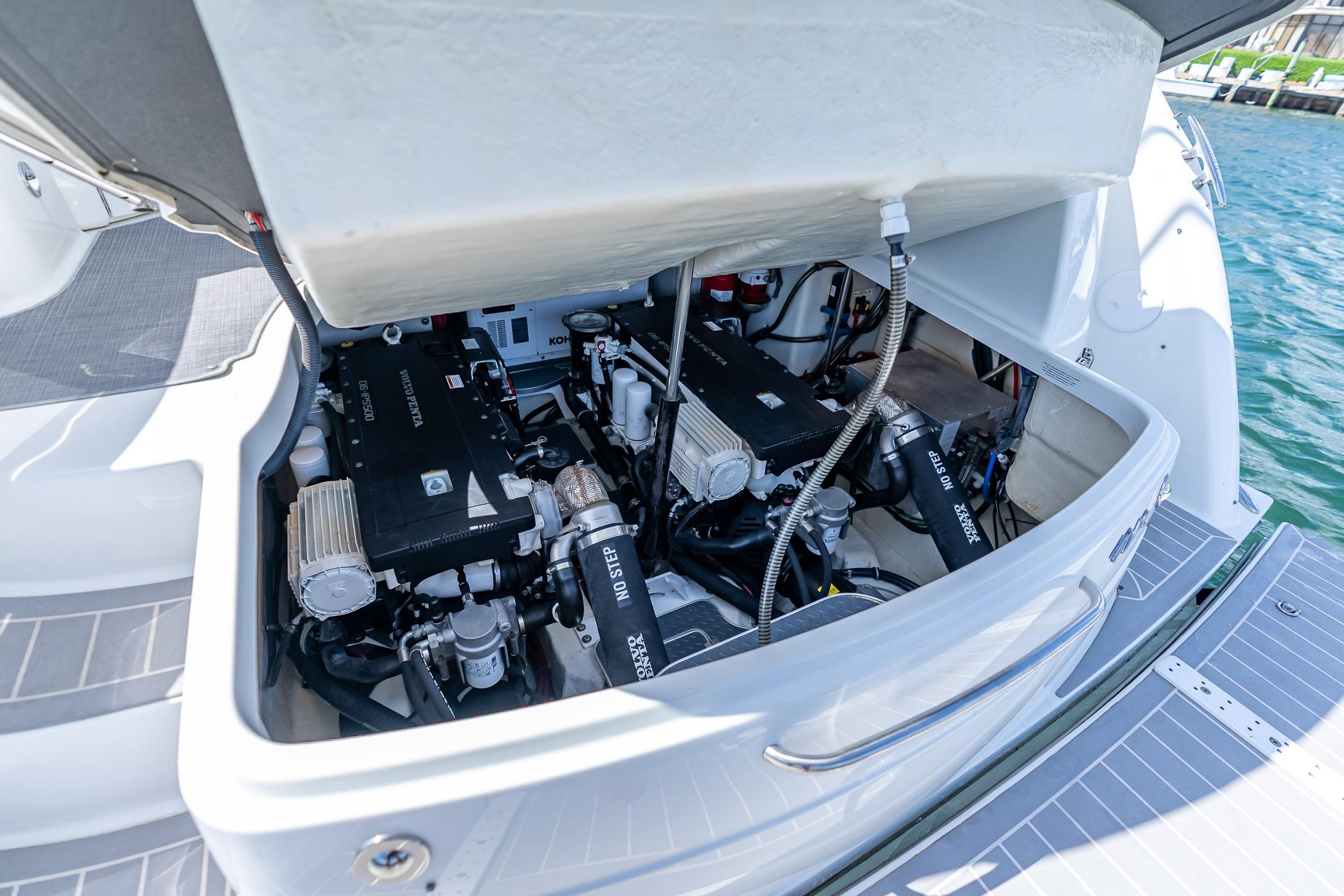 Engine compartment of 2022 Formula 40 Performance Cruiser, showcasing dual engines and mechanical components.