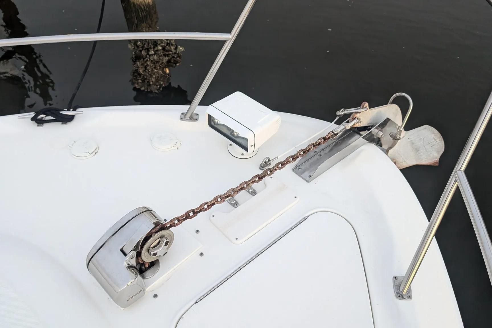 Bow of 2000 Sea Ray 380 Sundancer with anchor and chain mechanism.