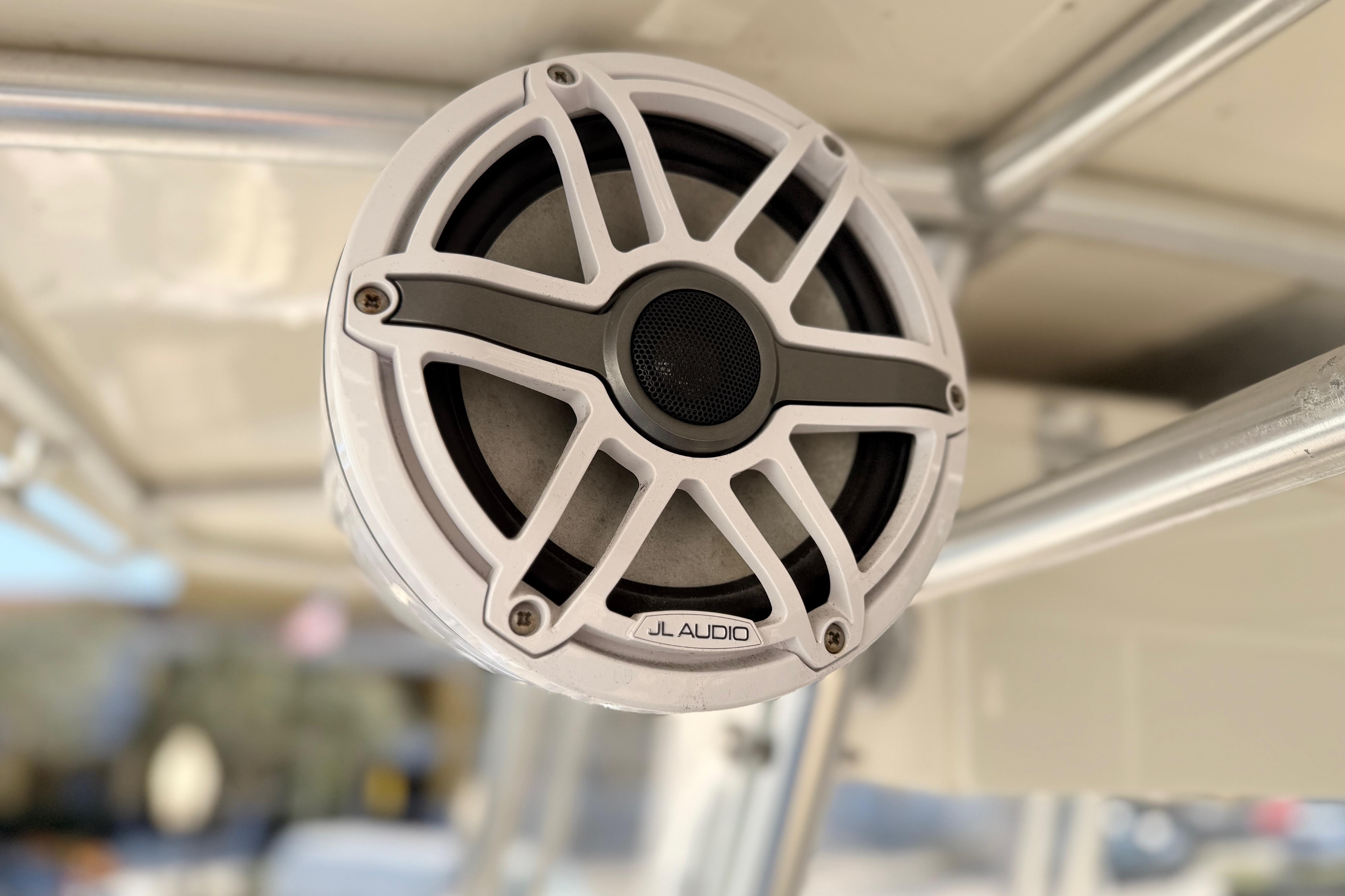 JL Audio speaker on 2004 Grady White 273 boat, mounted on metal frame.