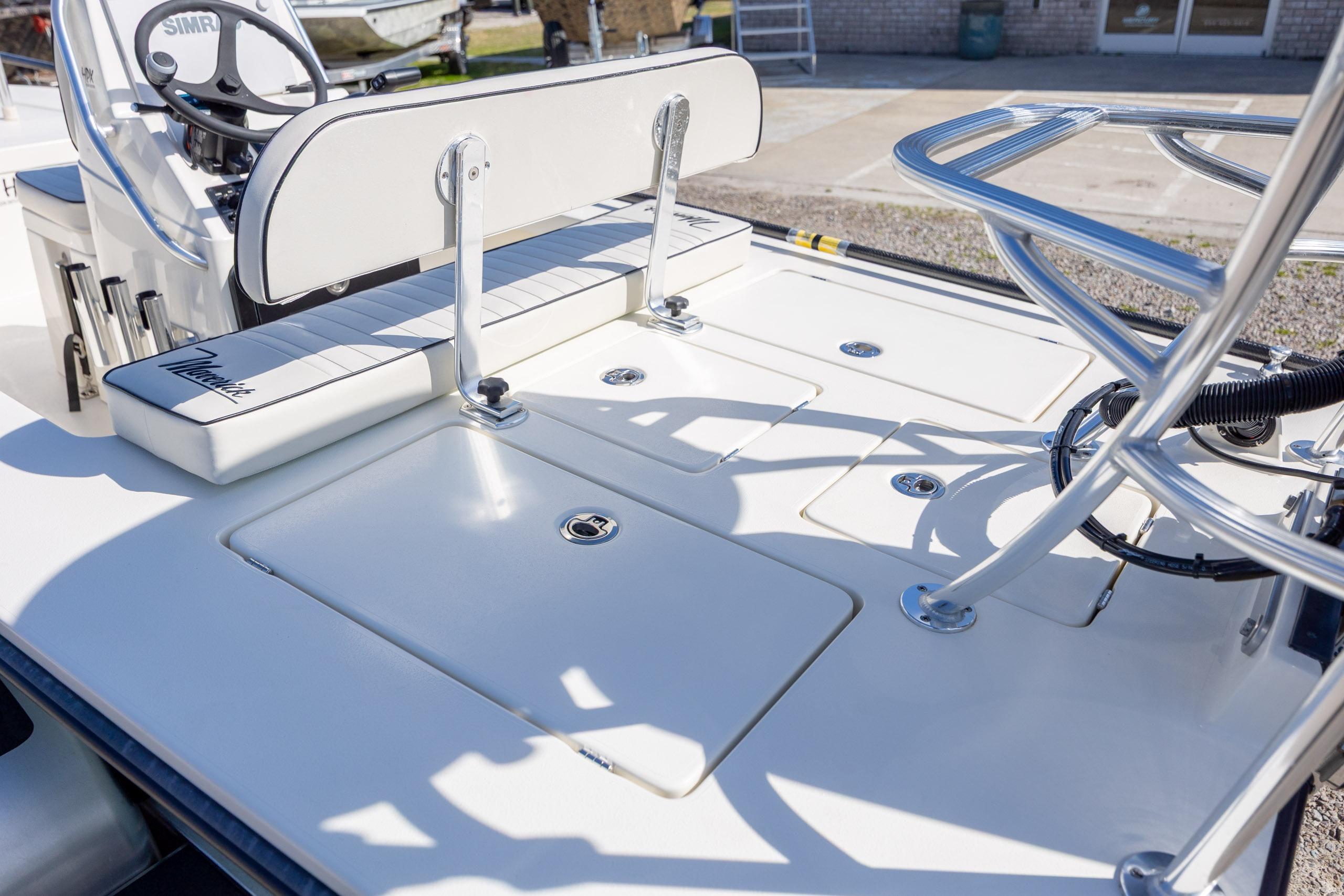 2024 Maverick 17 HPX-S boat interior with seating and storage compartments.