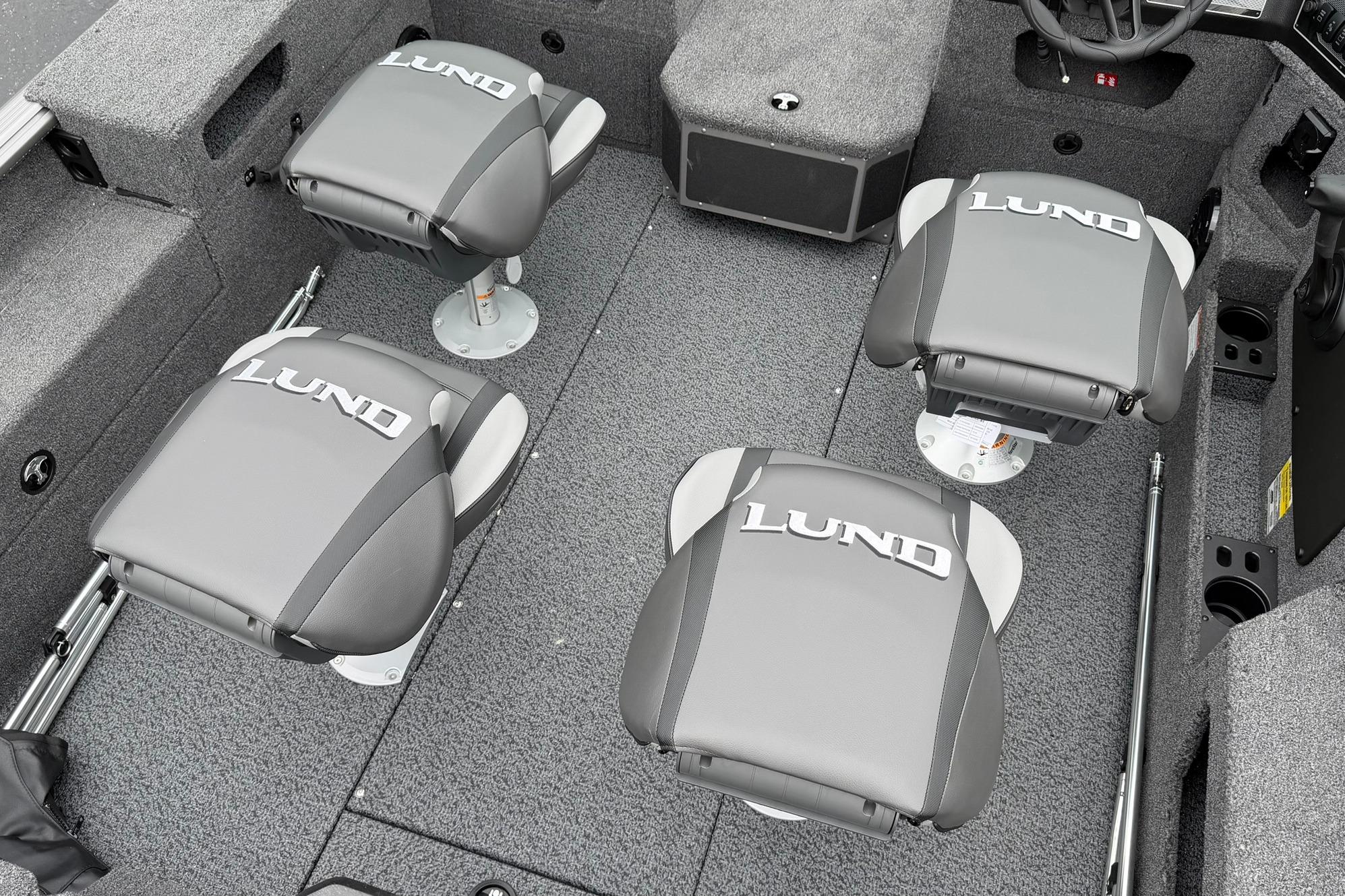 2027 Lund 1875 Impact XS Sport boat interior with four gray seats.