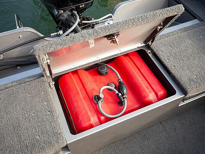 Manufacturer Provided Image: Red fuel tank in Lowe Fishing Machine 1625 WT boat, 2025 model.