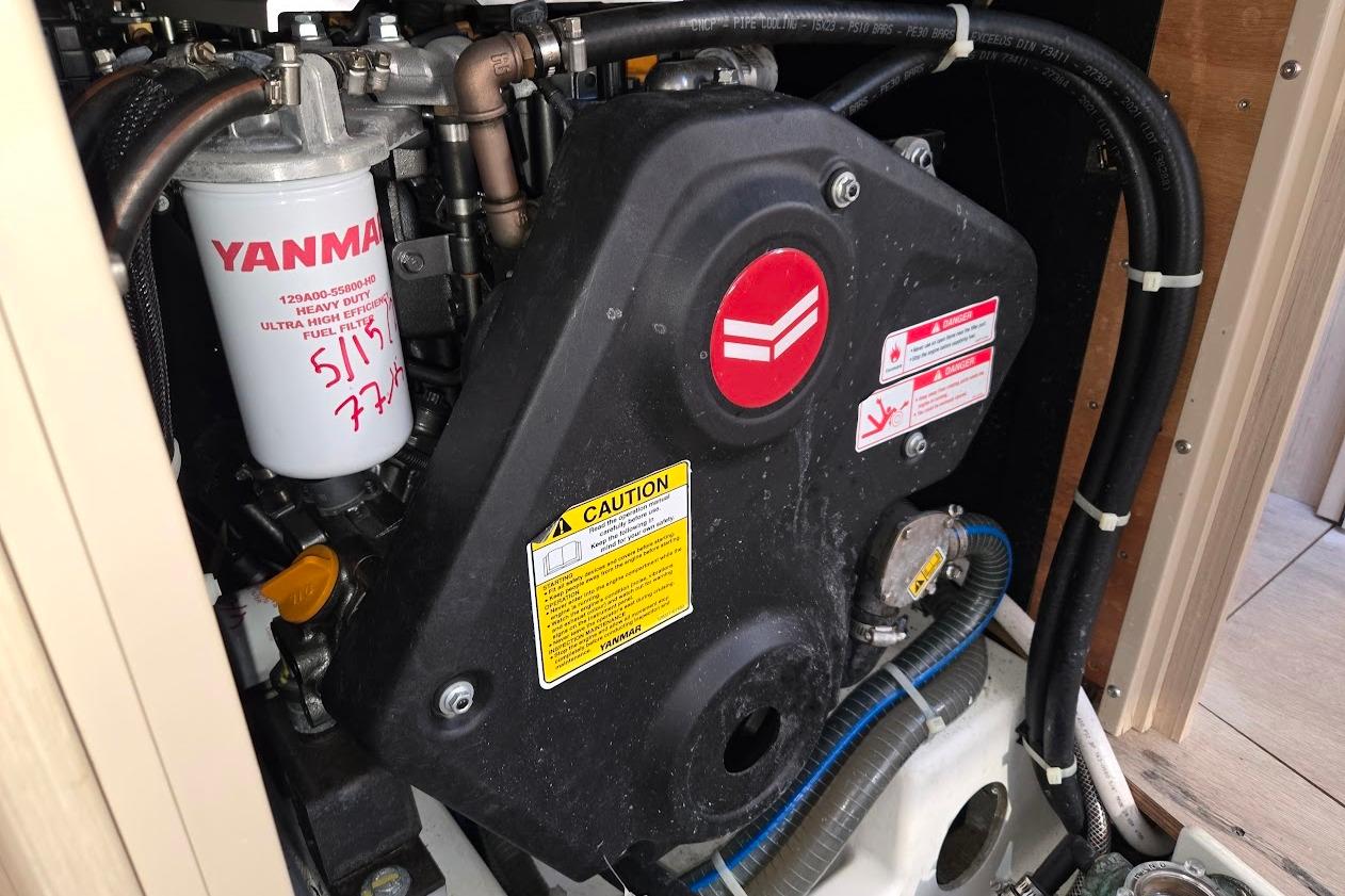 Engine compartment of 2023 Beneteau Oceanis 38.1 with Yanmar fuel filter.