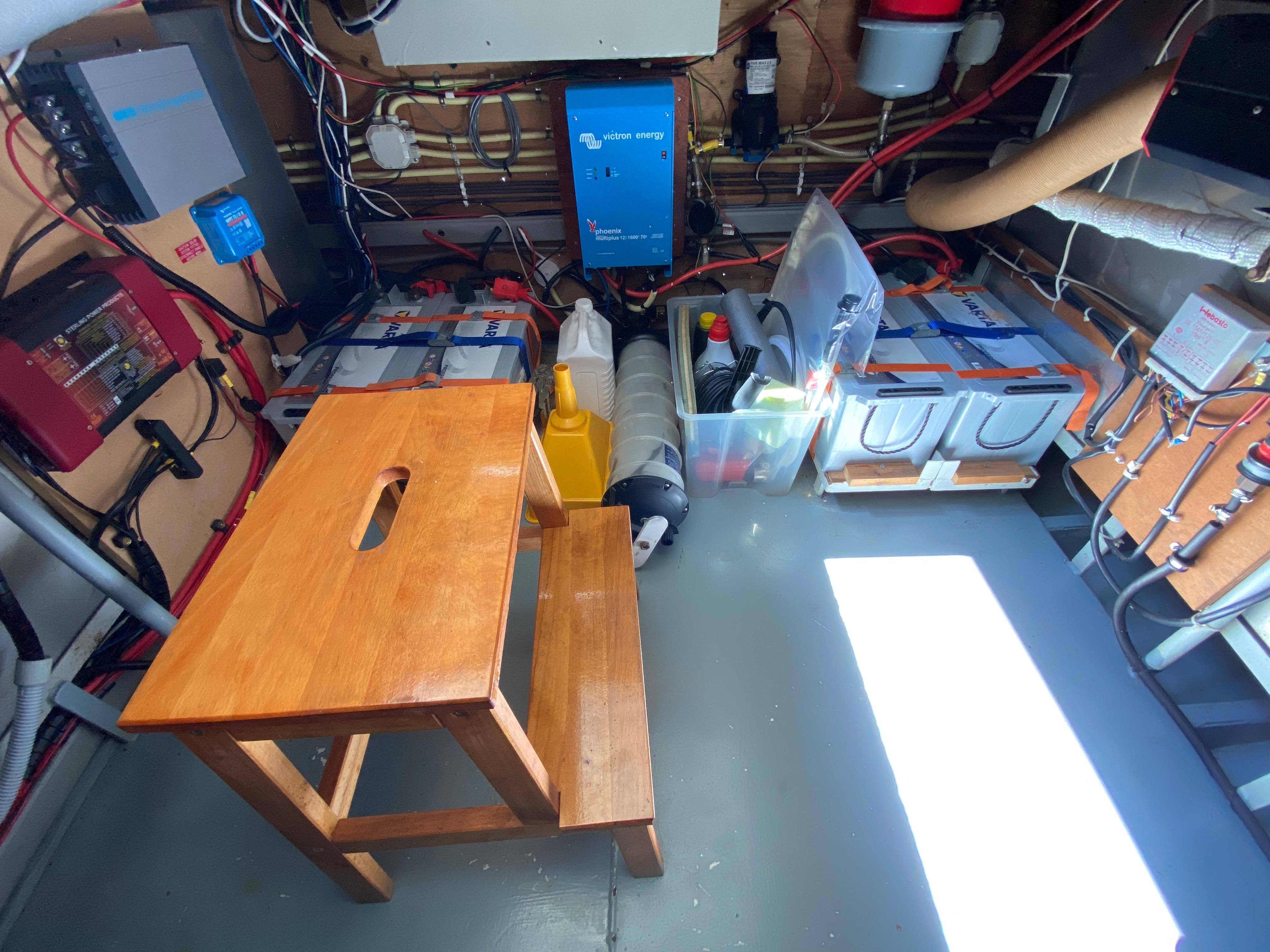 Engine room of 1993 Aquanaut Beauty 1200 AK with batteries and equipment.
