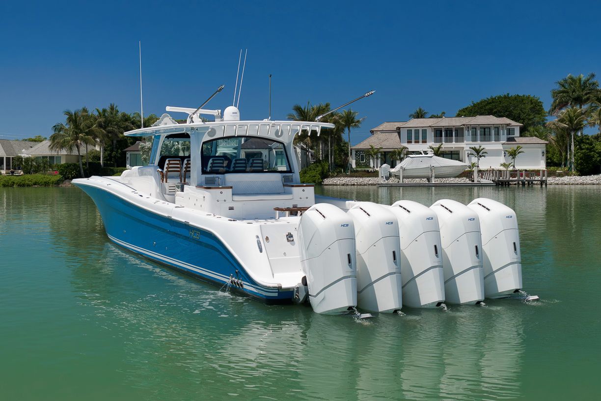 2024 HCB 65 Estrella boat with five outboard engines on the water.